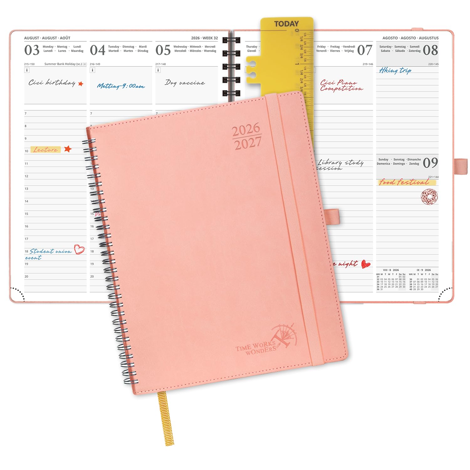 POPRUN Academic Diary 2026-2027 Week to View Large (26.5x21.5 cm) Soft Cover Spiral 17 Months (Aug'26 - Dec'27) Mid Year 26/27 Vertical Weekly Planner(Pink)