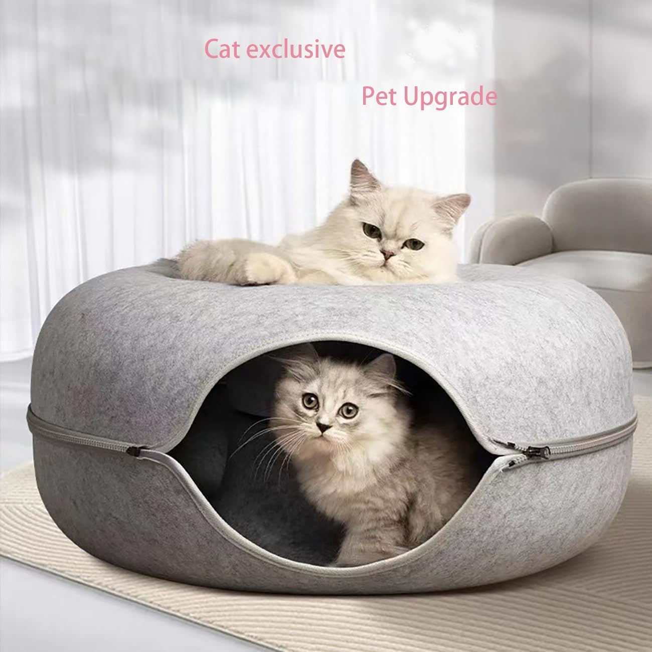 Cat Donut Nest & Tunnel Bed - Indoor Cat Ventilation Window & Anti Collapse Felt Tunnel