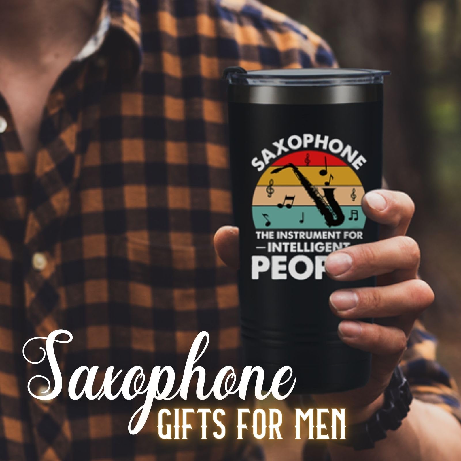 Onebttl Saxophone Player Tumbler - Insulated 20oz Stainless Steel Travel Mug with Straw, Brush, Lid, and Gift Box for Jazz Lovers