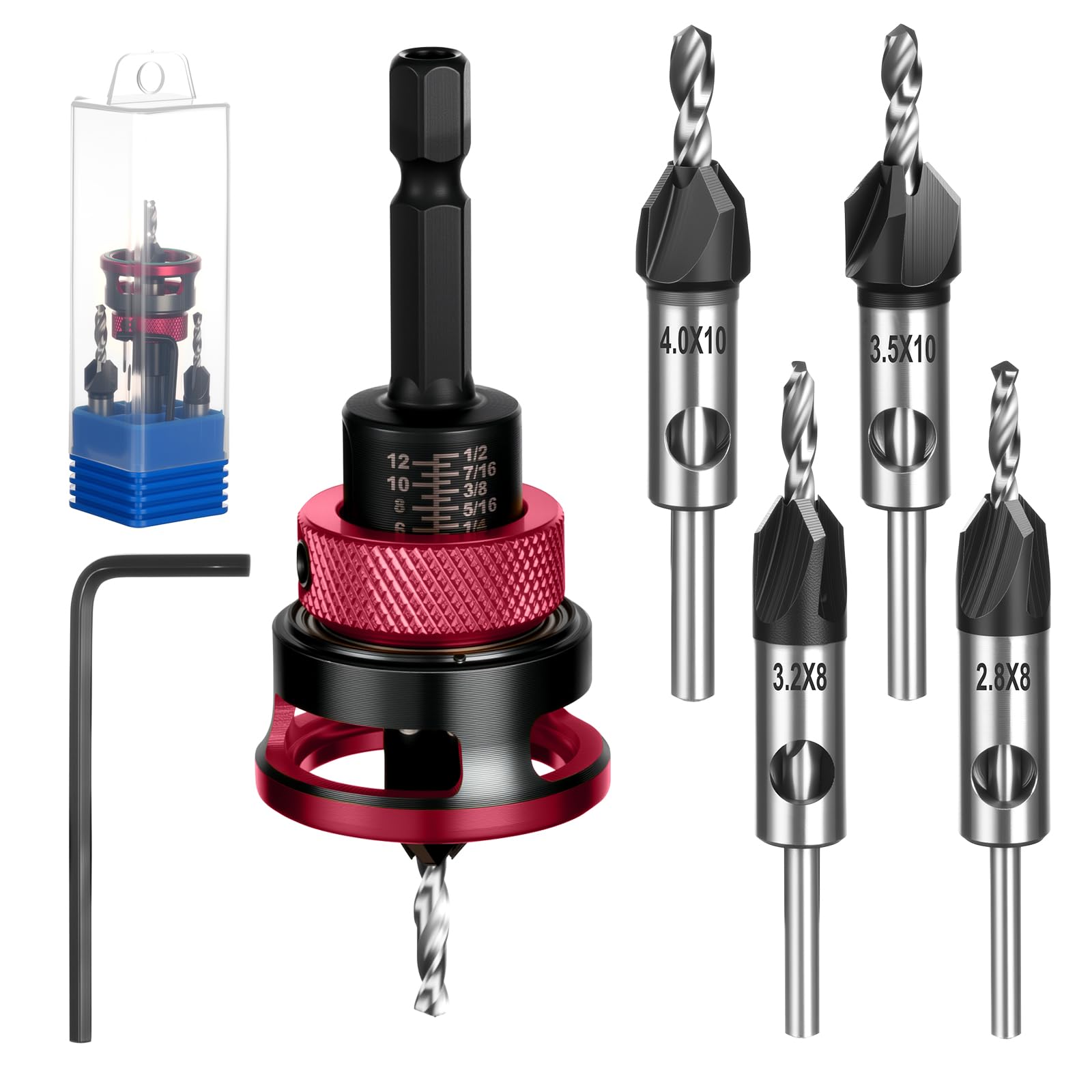 Juego de 6 Broca Avellanadora para Madera con Tope de Profundidad | Diámetro 2.8/3.2/3.5/4 mm,con Llave Hexagonal y Vástago de Broca de 1/4 de Pulgada,para Carpintería y Bricolaje(Rojo)