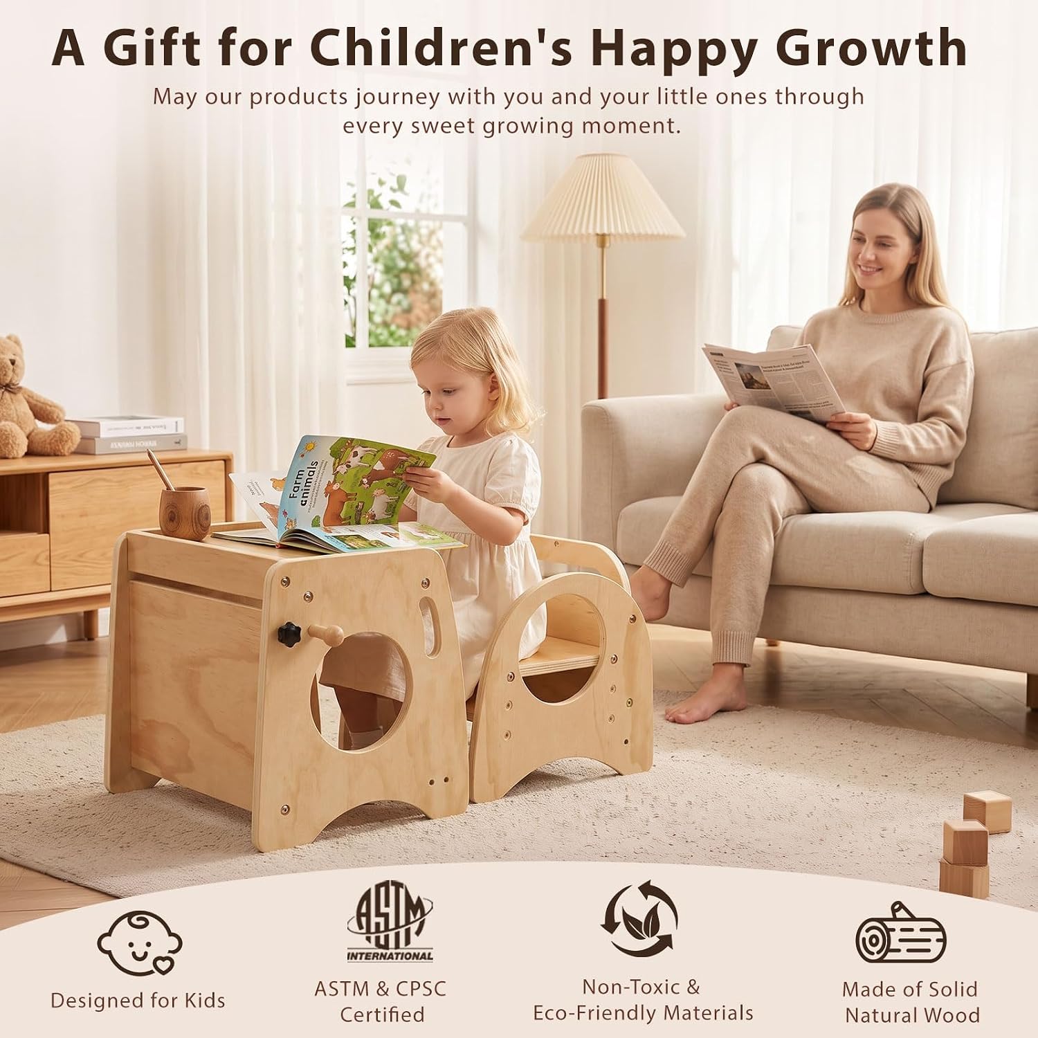 Montessori Weaning Table and Chair Set, 3-in-1 Wooden Toddler Set
