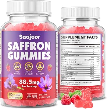Saffron Gummies for Adult Kids - with Saffron 88.5mg, Vitamins D3 & B6, Magnesium, Zinc, Ashwagandha, L - Theanine, St. Johns Wort - Supports Mood & Focus, Vegan, Raspberry Flavor, 60 Gummies