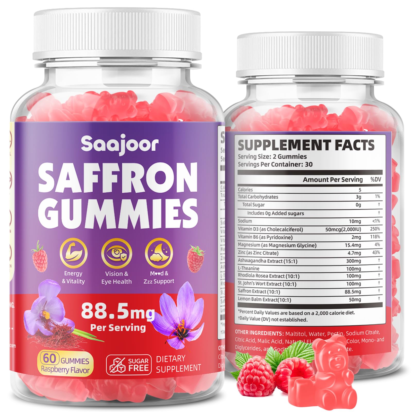 Saffron Gummies for Adult Kids - with Saffron 88.5mg, Vitamins D3 & B6, Magnesium, Zinc, Ashwagandha, L - Theanine, St. John's Wort - Supports Mood & Focus, Vegan, Raspberry Flavor, 60 Gummies 1 Pack