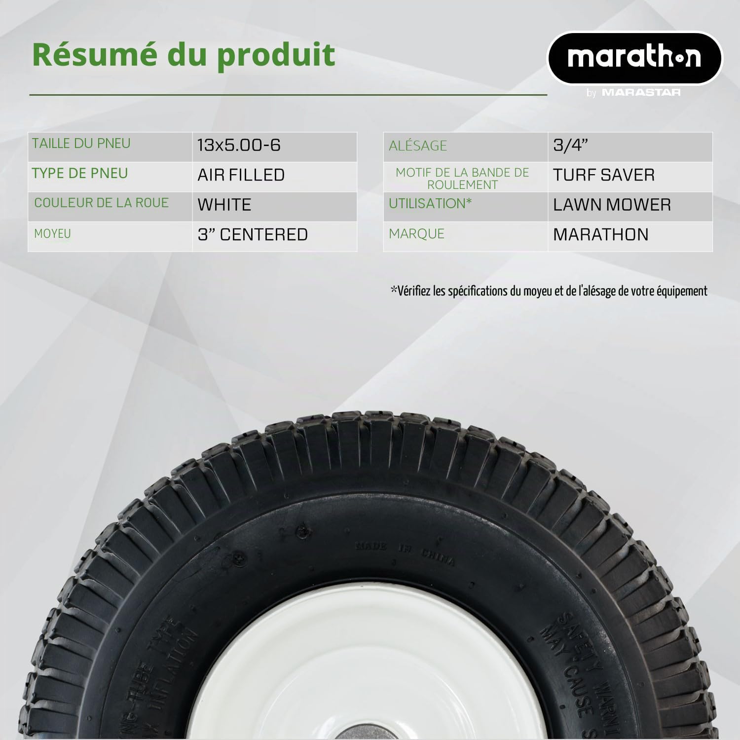 Marathon 20336 Pneu de tondeuse à gazon pneumatique (rempli d'air) 33 x 12,9-15,2 cm