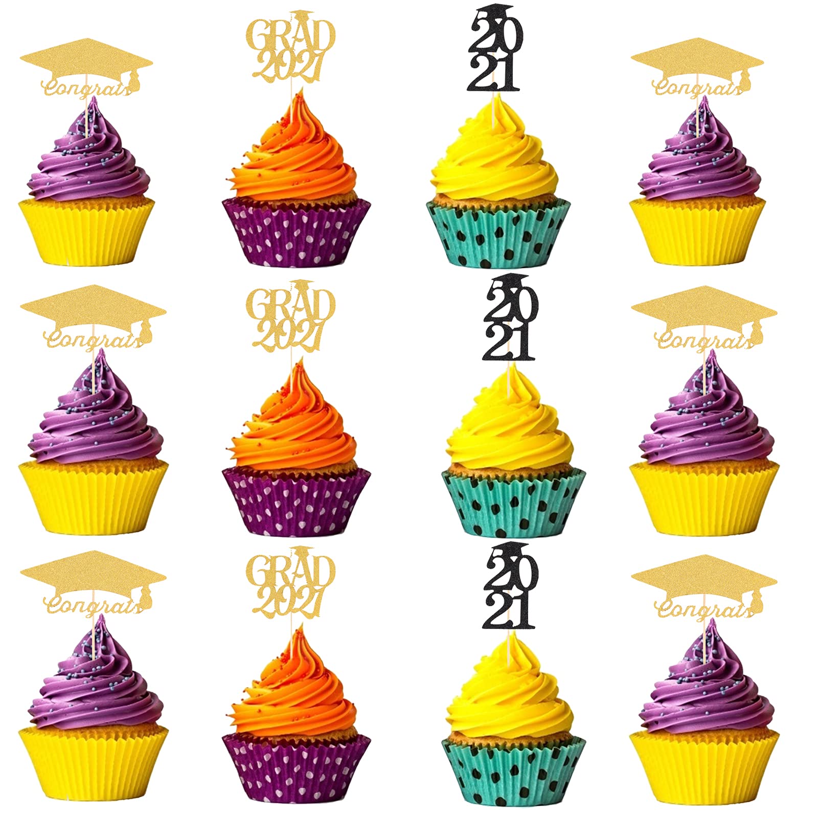 Vanproo 30 Pieces Graduation Cupcake Toppers, Black and Gold Glitter 2021Grad Cap Congrats Cake Topper for 2021 Graduation Party Decorations Supplies