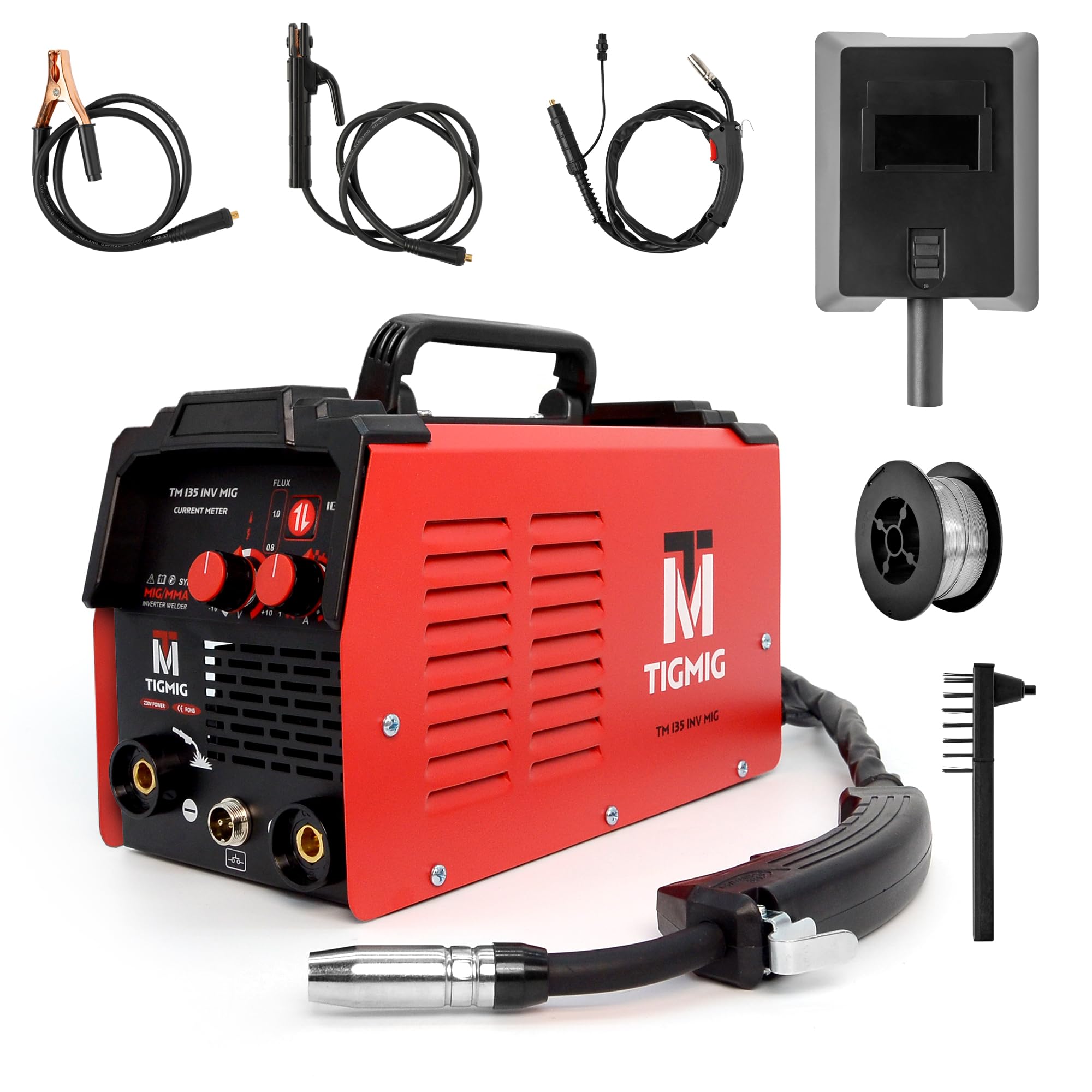TIGMIG Saldatrice Inverter Filo Continuo FLUX NO GAS + MMA Elettrodo, Mod. TM135INVMIG, Per Filo Animato ⌀0,8/1,0mm, 120A, Inverter IGBT, Inclusa bobina 0,8mm da 0,45kg, GARANZIA e ASSISTENZA ITALIA