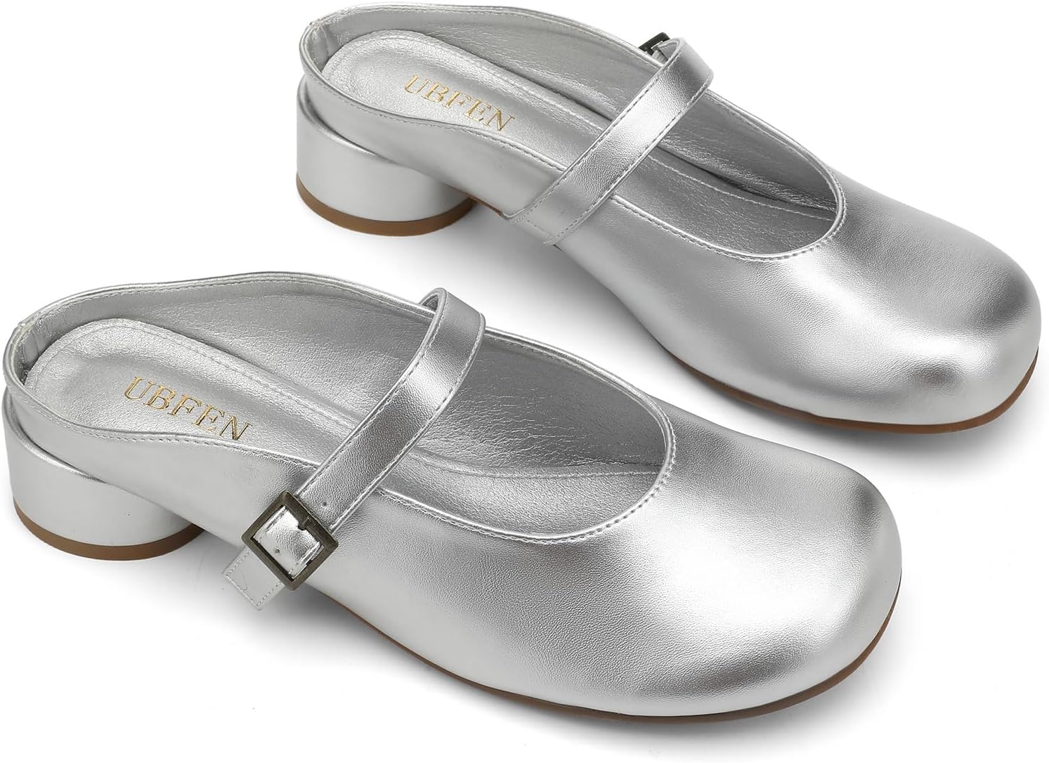 UBFEN Womens Mary Jane Mules Slip On Dressy Slides Chunky Low Heel Comfortable Round Toe Shoes