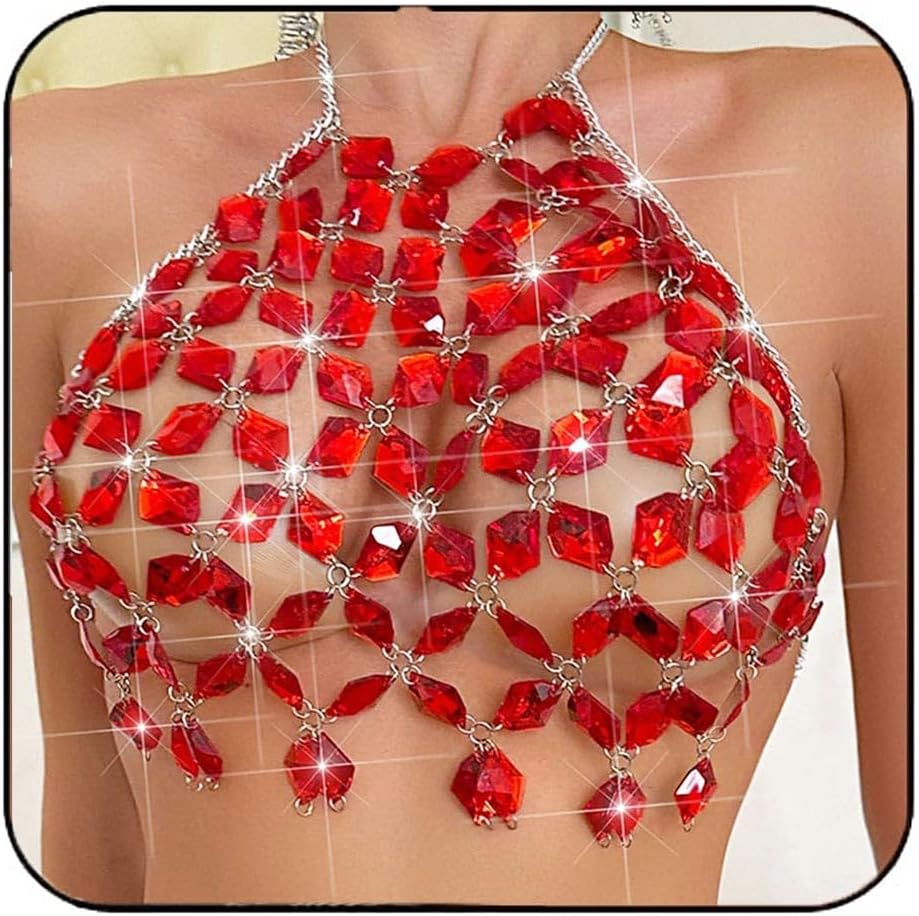 Aukmla Sparkly Crystal Bra Chain Top Halter Rhinestones Chest Body Chains Nightclub Beach Bikini Crop Tops for Women
