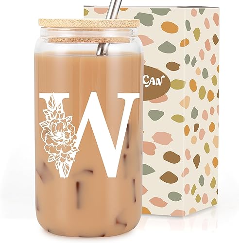 Miniatura 106 de Coolife Vaso de vidrio con inicial, regalos con monograma para mujer, tazas de vidrio de 16 onzas con tapas y pajitas, vaso de cerveza para batido