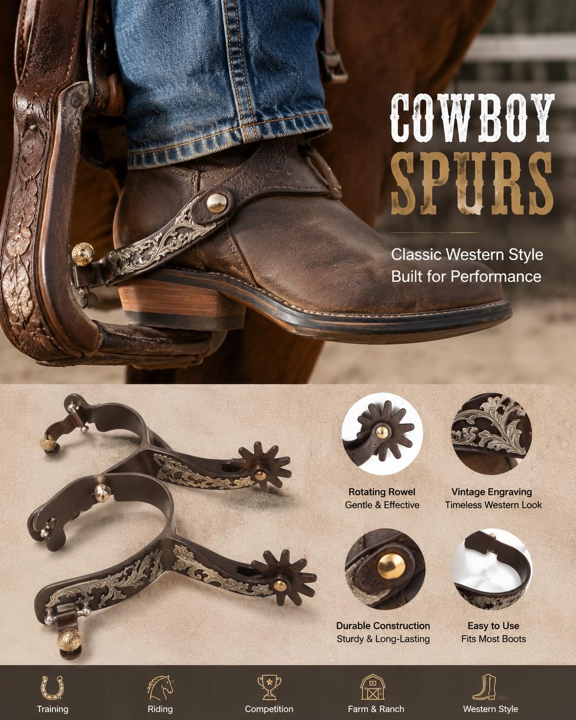 Hapividda 2pcs Western Cowboy Spurs, Bronzo Vintage in Bronzo in Bronzo a Basso Contenuto di Carbonio a Cavallo con Attrezzatura a Turno per Cavallo per Appassionati di equestri