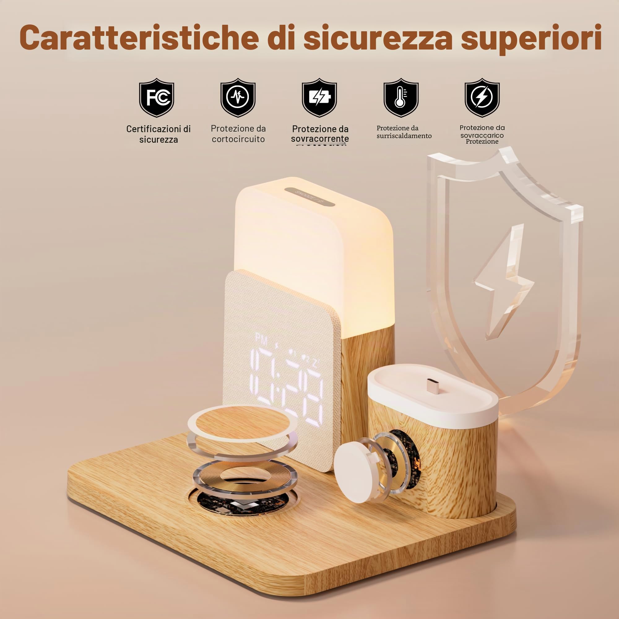5 in 1 Caricatore Wireless per i-phone, Stazione di Ricarica con Sveglia | Caricatore 3 in 1 A-Watch Air-Pods i-phone 17-11 e Luce 3 Colori Regolabile, Adattatore Incluso – per Camera, Ufficio