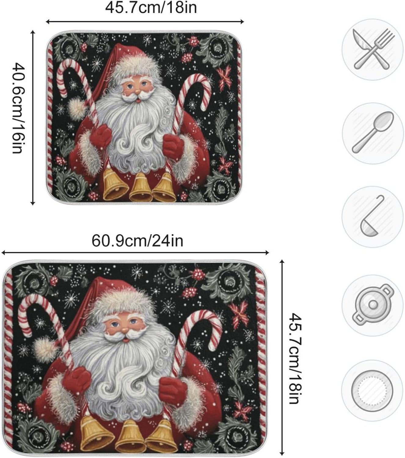 Kcldeci Santa Claus Holding Candy Canes and Bells Dish Drying Mat Kitchen Counter Mat Draining Mat Kitchen Accessories Dish Rack Pad for Dishes, Utensils, Countertops, Sinks 16x18in image 3