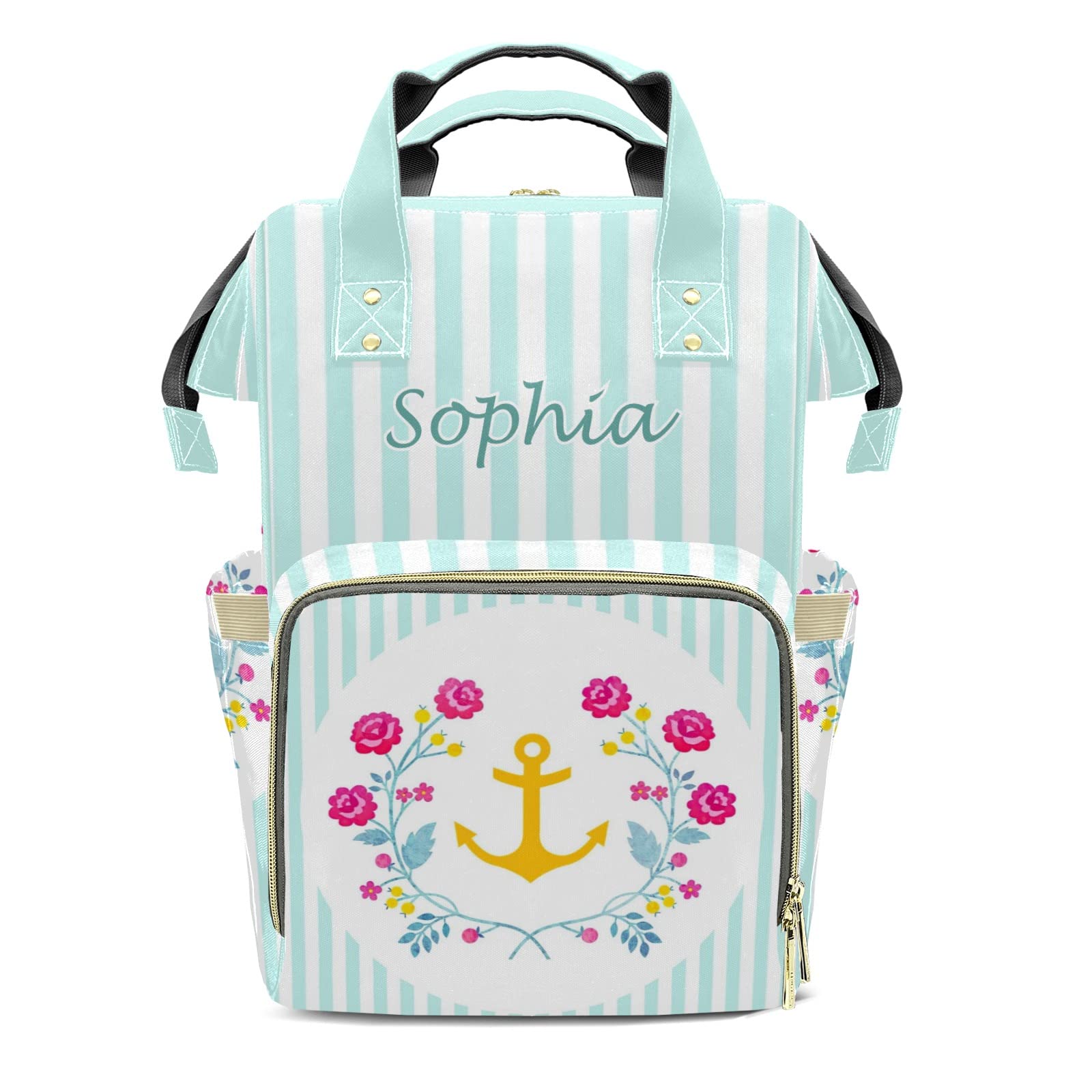 Pastel Floral Yellow Anchor Mommy Bag for Baby Girl Custom Diaper Bag Backpack Waterproof Multi-Function Travel Camping Picnic Diaper Carrying Bag