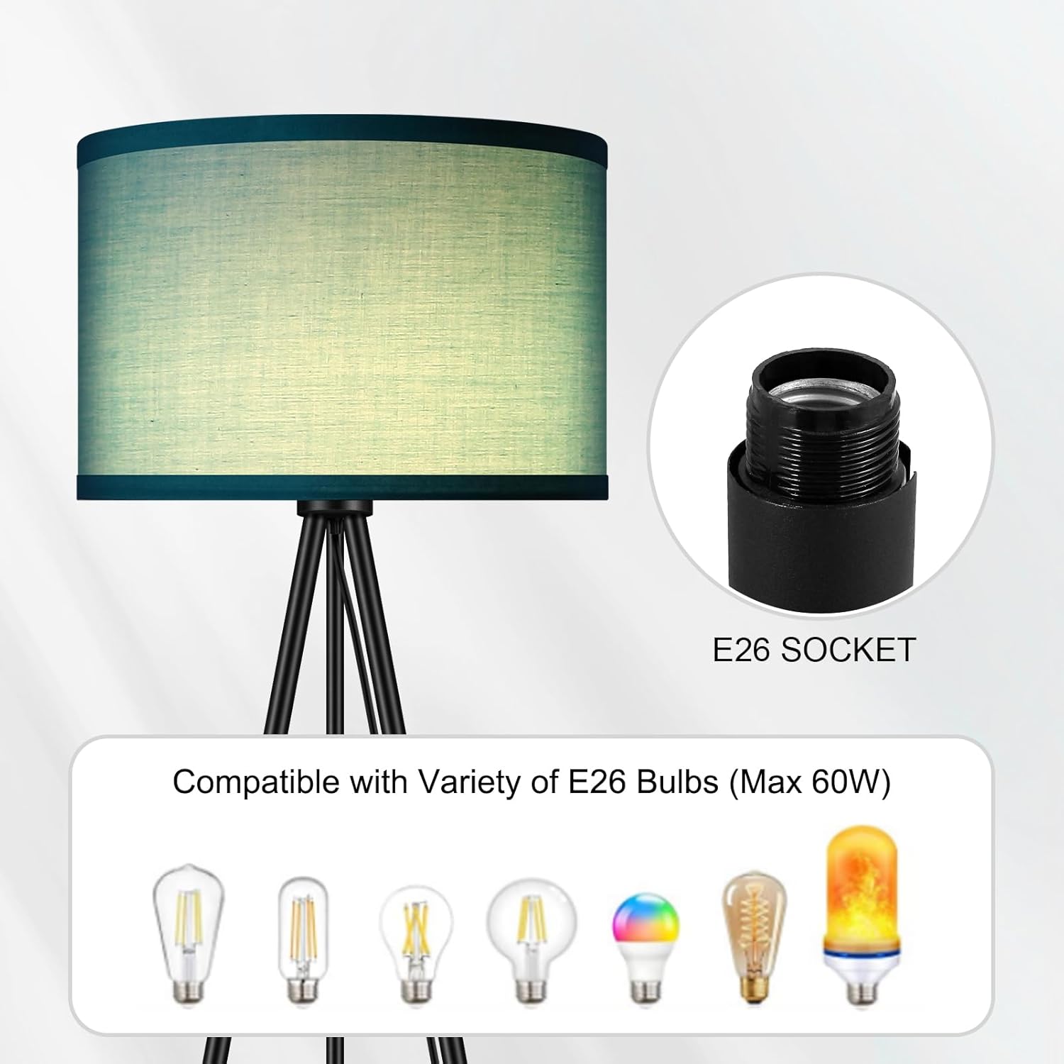 BoostArea Floor Lamp for Living Room, Tripod Floor Lamp, Green Linen Lamp Shade, Blub Not Included,Mid Century Standing Lamp for Living Room, Bedroom, Study Room and Office