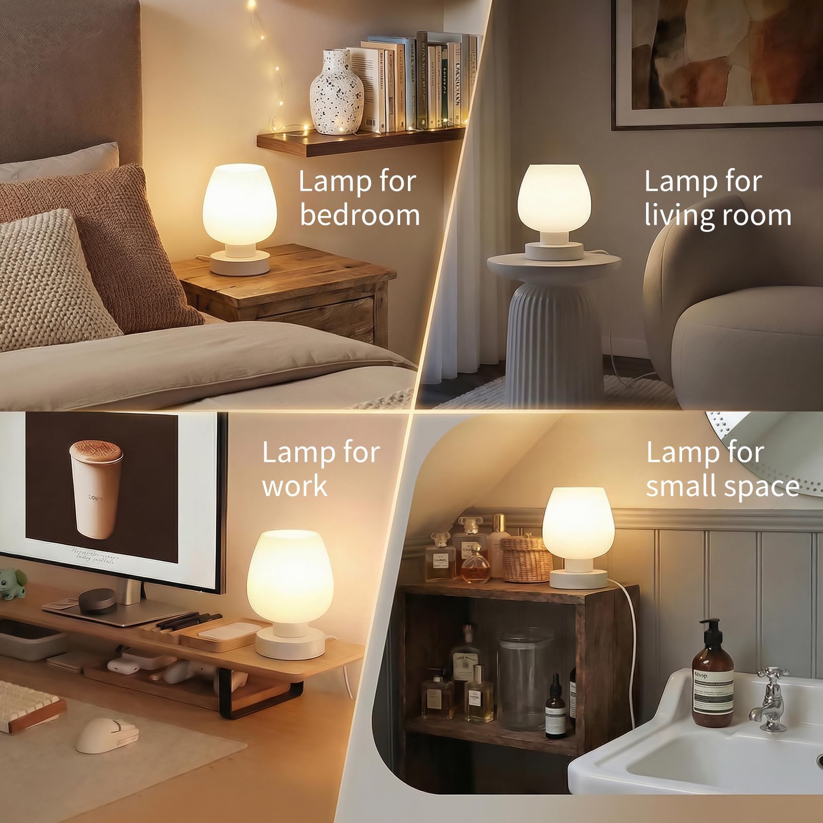 ONEWISH Lampe de Chevet Tactile - Lampe de Table Intensité Variable 3 Voies pour Chambre à Coucher, Salon, Abat-Jour en Verre Opale, Ampoule LED Incluse, Blanc