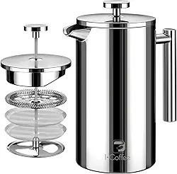 Cafeteira de Prensa Francesa de Aço Inoxidável de 700 ml com Filtro de 4 Estágios e Isolamento Duplo (Prata)