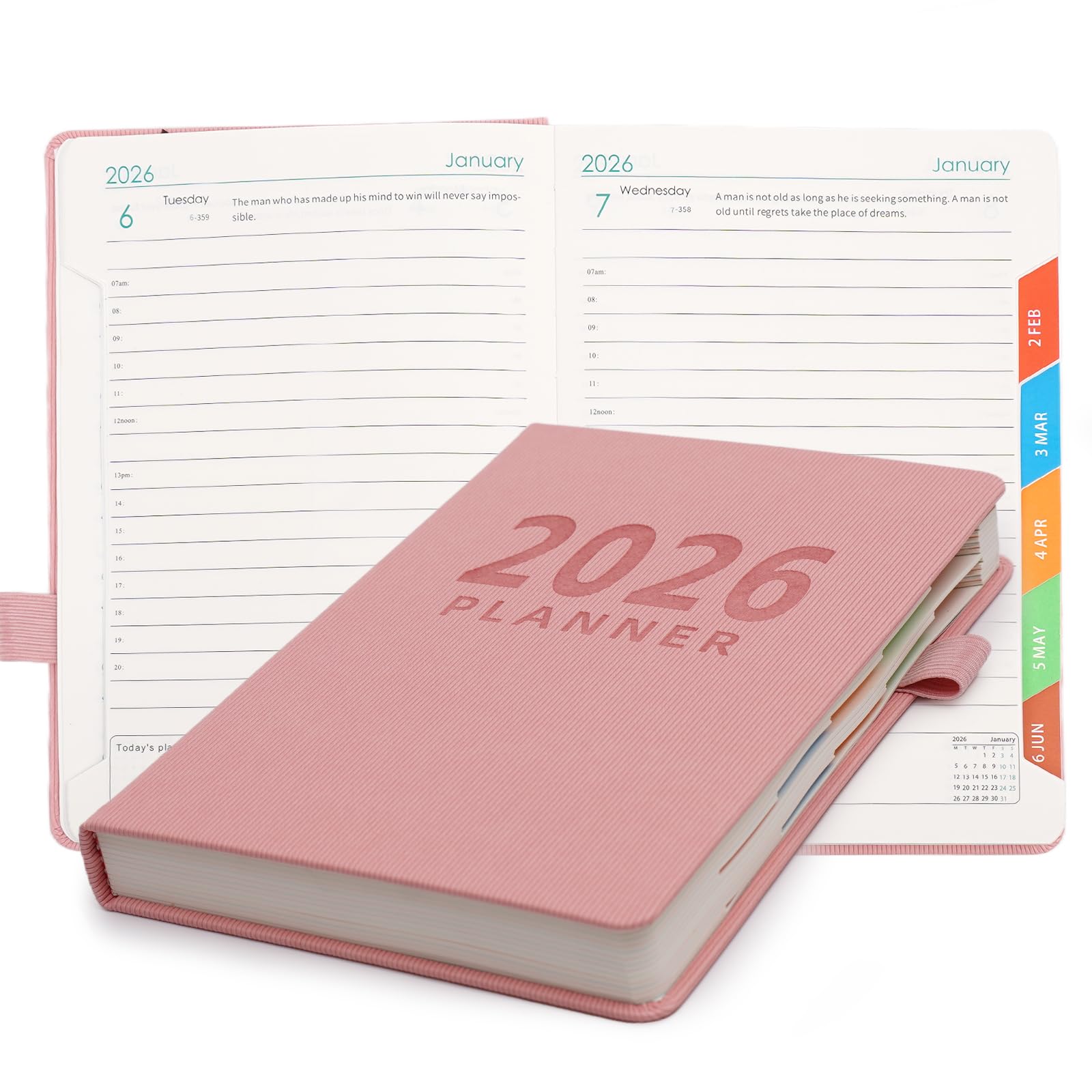 Picoway Agenda 2026, tamaño A5, 400 páginas, color rosa, calendario diario semanal y mensual con papel grueso, una página completa por día, de enero de 2026 a diciembre de 2026, cuaderno de tapa dura