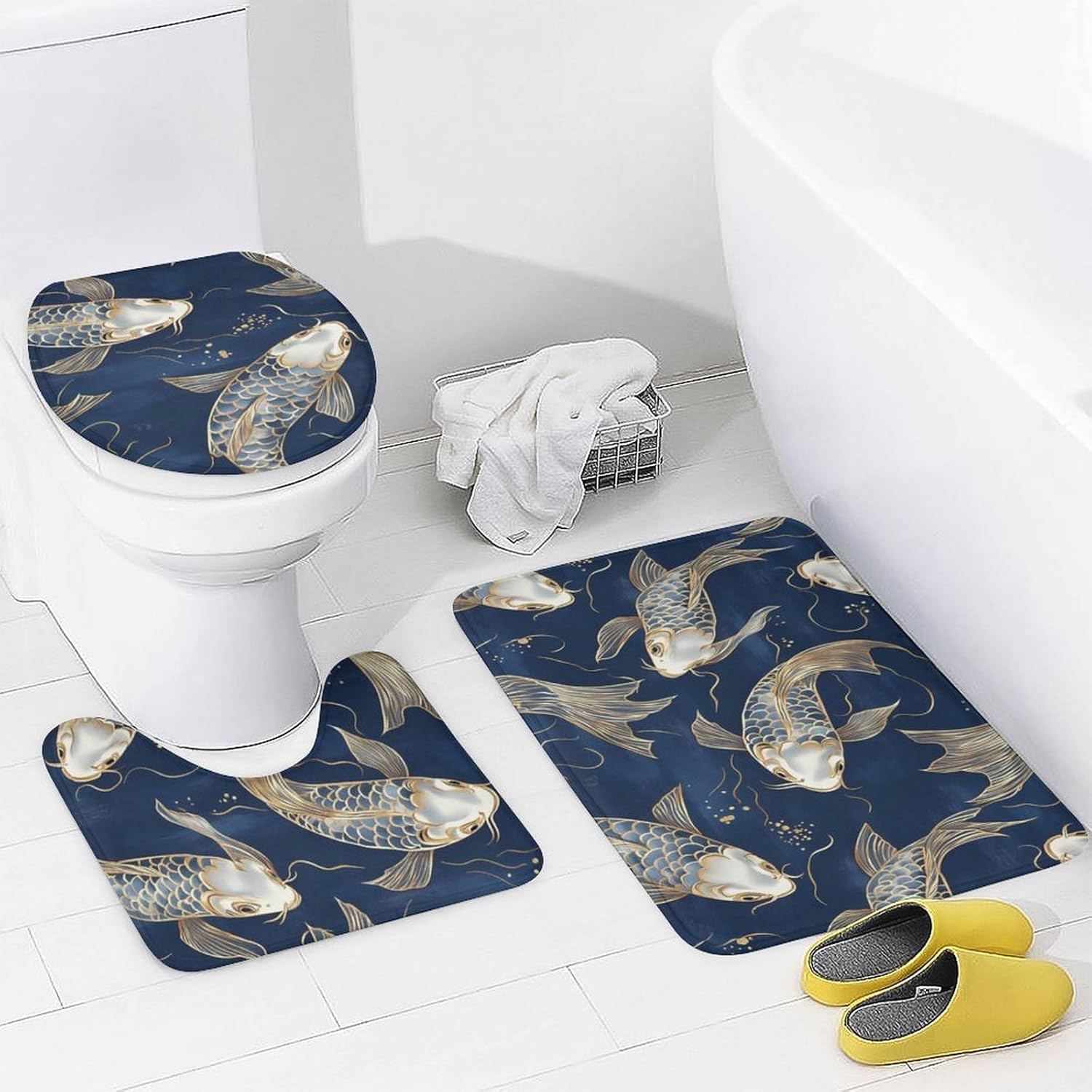 Japanese Fish Gold Navy Blue Modern Bathroom Sets with Shower Curtain and Rugs Decor 4 Pcs with 12 Hooks