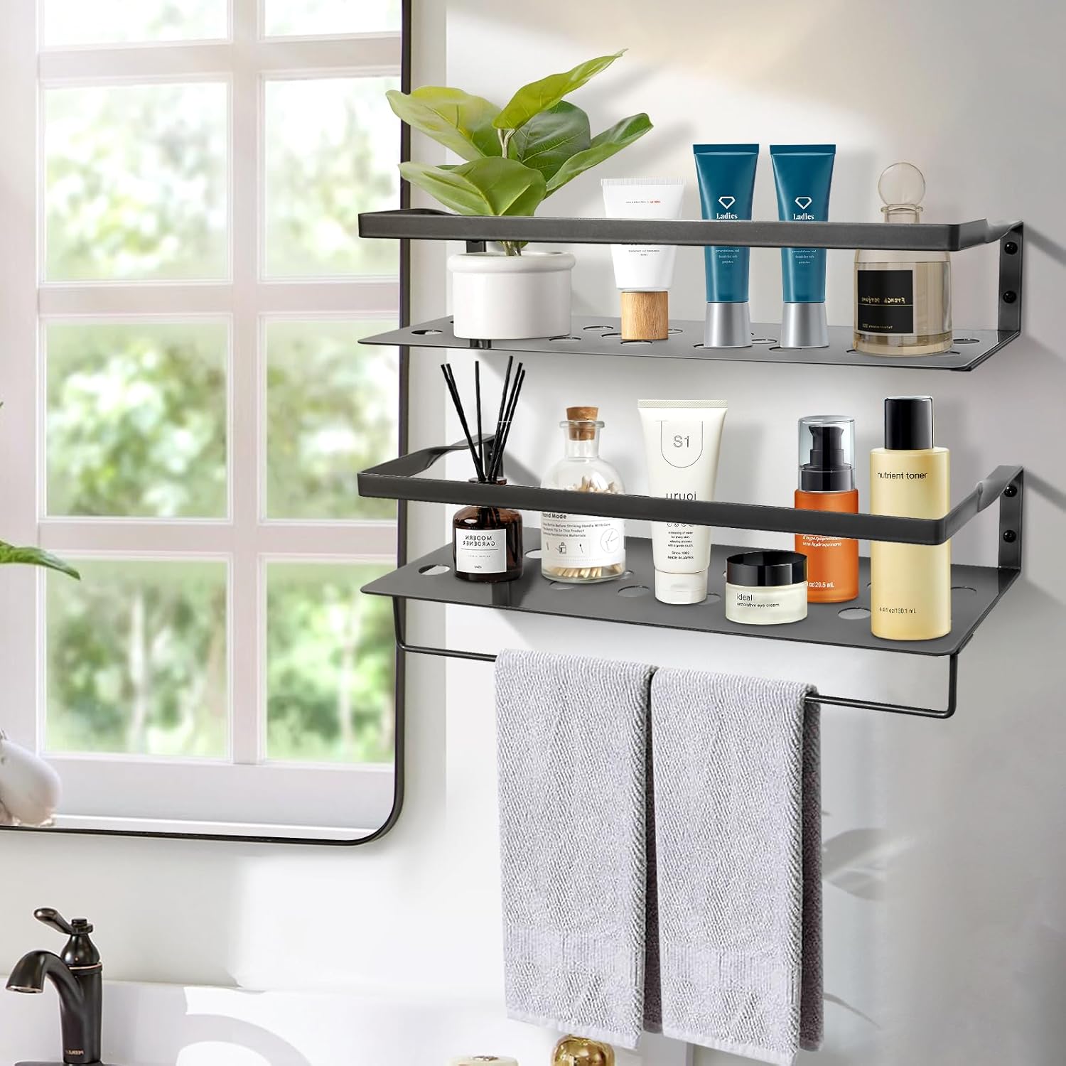 Uten Floating Shelves, Wall Mounted Iron Shelves Set of 2, Bathroom Storage Iron Shelves with Towel Rack, Wall Hanging Organizer Decor Shelf for Bathroom, Kitchen, Bedroom, Living Room