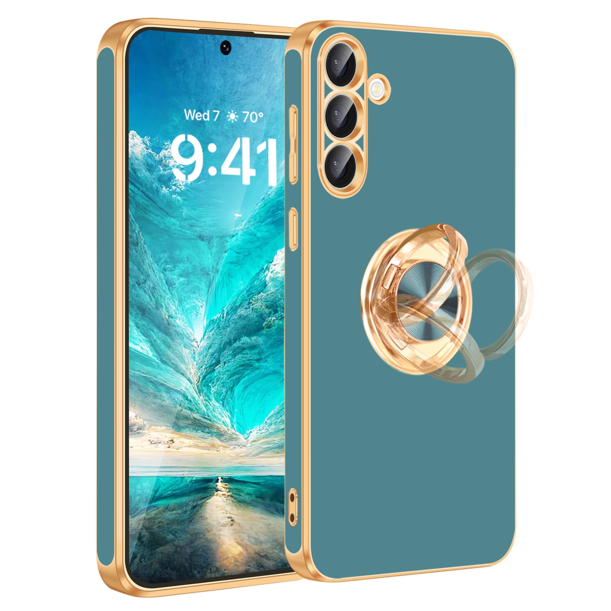 Fingic for Samsung Galaxy S25 Plus Case[with 360°Rotatable Ring Holder]Support Magnetic Car Mount Shiny Plating Gold Slim TPU Rugged Bumper Shockproof