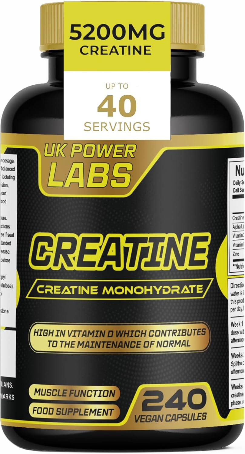 Creatine Monohydrate Capsules – 5200mg per Serving – 240 Vegan creatine Tablets to Support Muscle Growth and Function – UK Power Labs