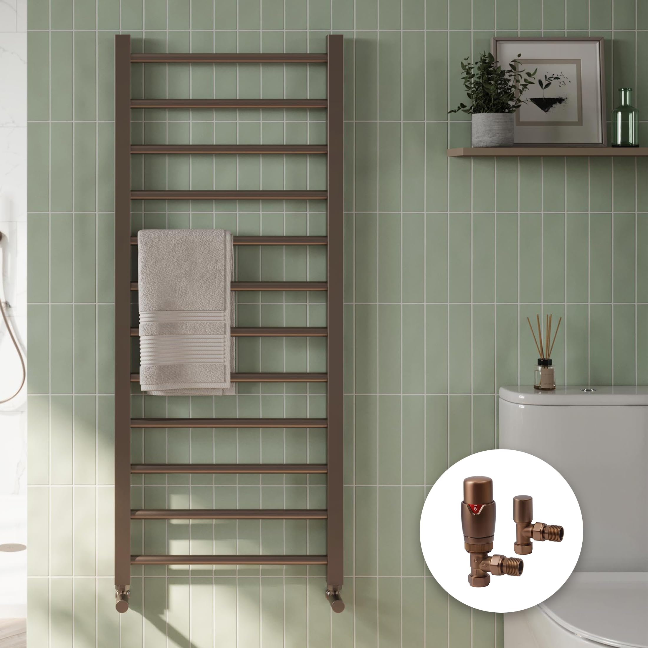 Brushed Bronze Bathroom Straight Heated Towel Rail Radiator 500 x 1200 & Angled Thermostatic Valves