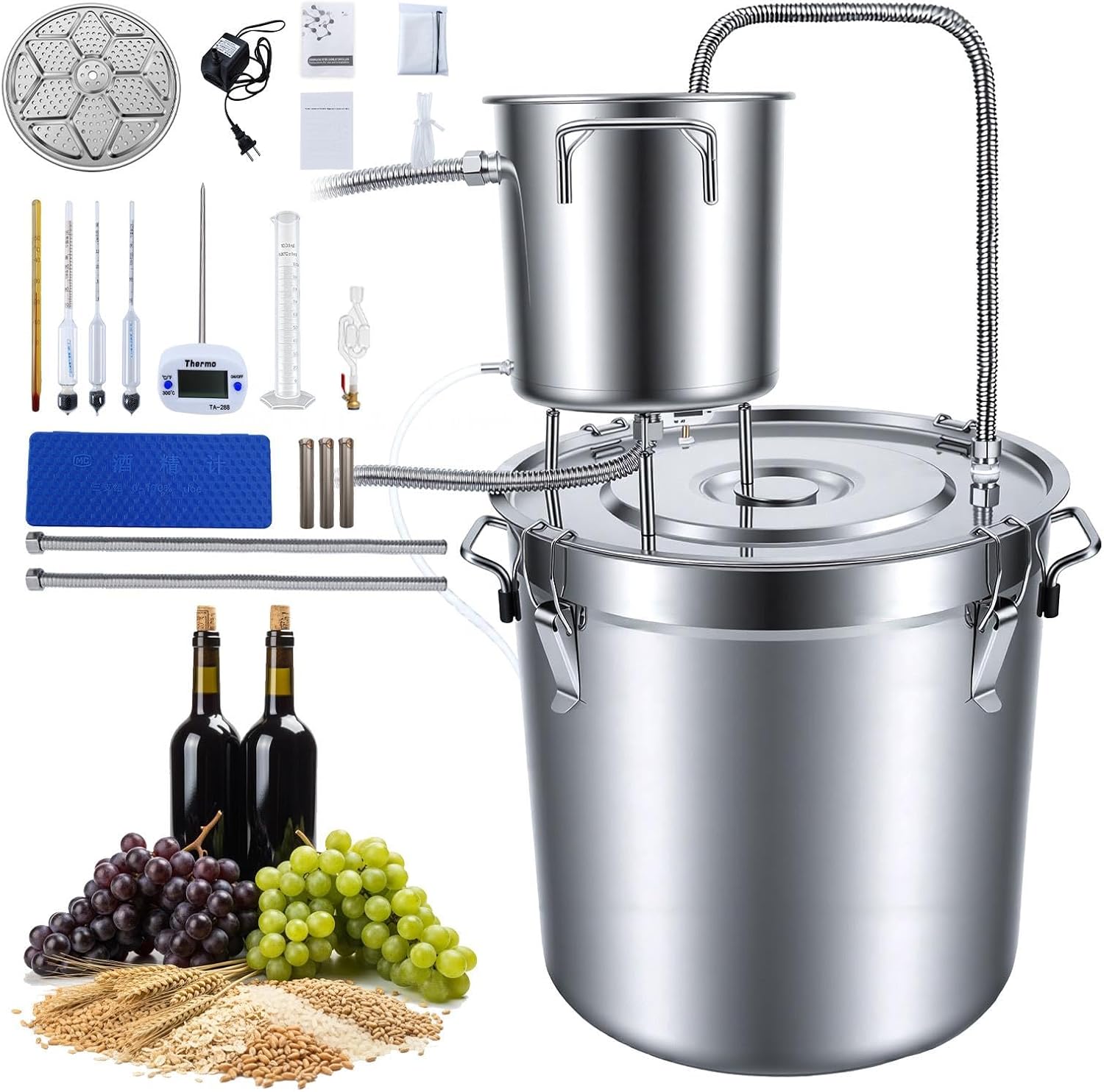 Alcohol Still 8.5 Gal/33L, Alcohol Water Distiller Thickened Stainless Steel Spirits Kit w/Copper Tube & Display Thermometer, Home Brew Wine Making Kit for Diy Whiskey, Wine, Brandy, Essential Oil