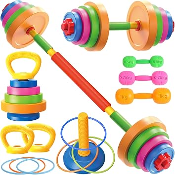 6-In-1 Kids Weight Set-Includes Dumbbell, Barbell, Kettlebell, Push-Up Stand, Ring, Adjustable Kids Workout Equipment for Pretend Play Lifting Exercise,Perfect Parties or Birthday Gifts for Boys Girls