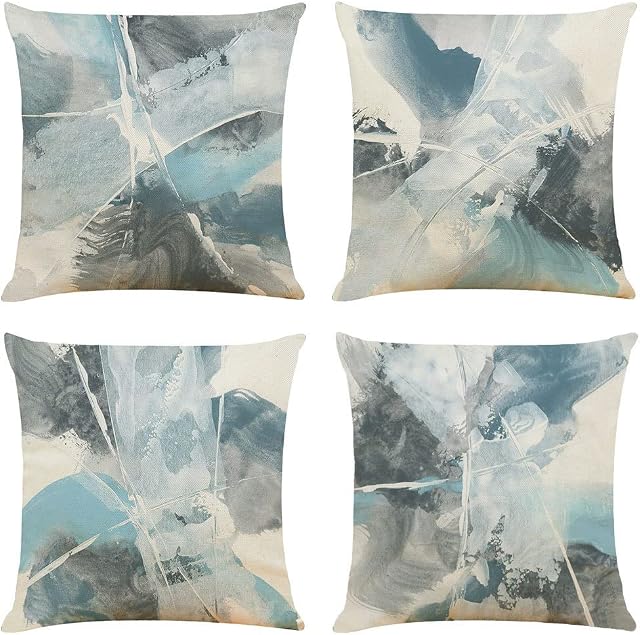 BCKAKQA Cushion Cases 4 Pack 45cm x 45cm Blue and Grey Decorative Cushion Covers 18x18 inches Linen Square Throw Pillow Covers for Bedroom Living Room Sofa Couch Bed Pillow Cases