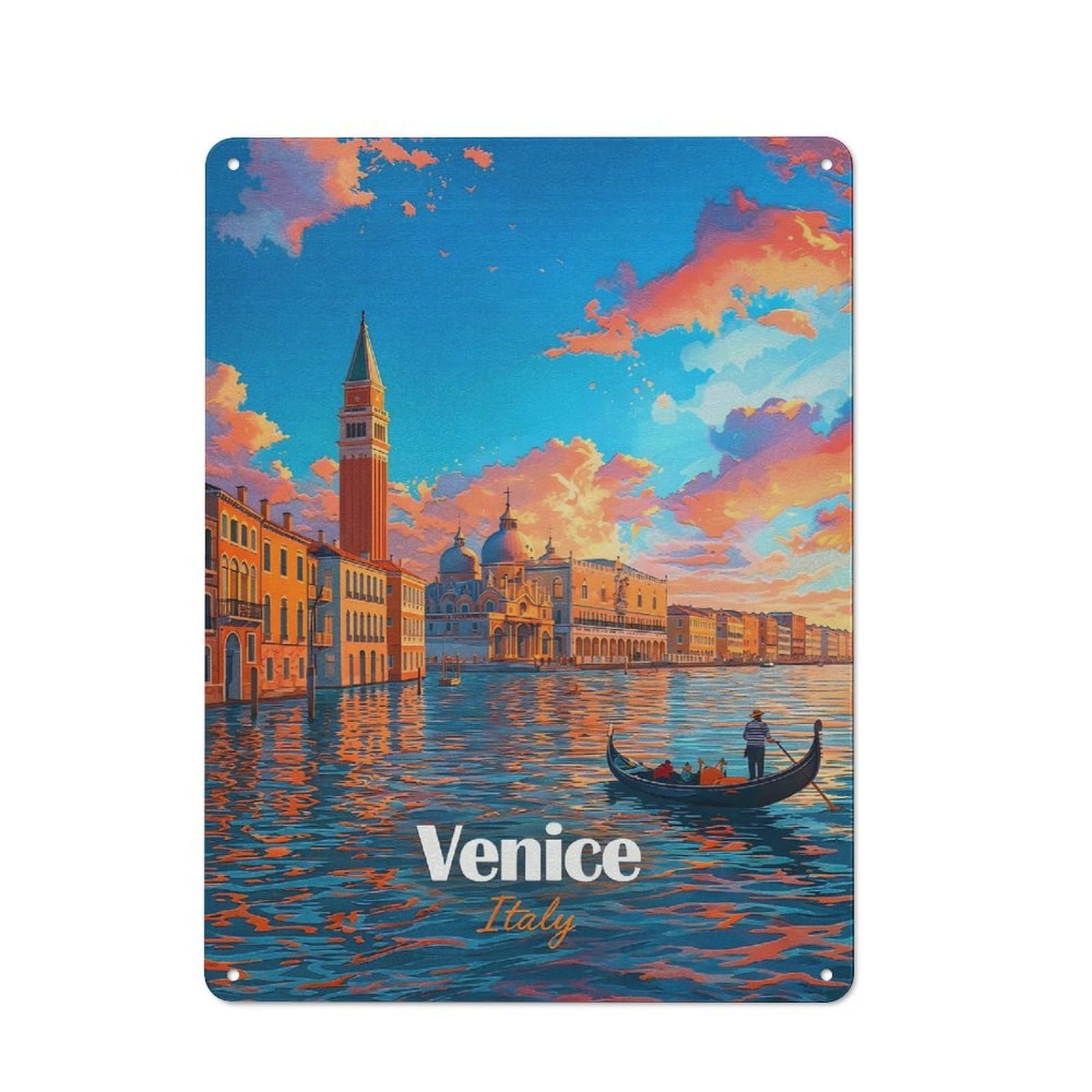 Junmoney Style-22 Urban Venice Italy Gondola Sunset Painting Decorative Metal Plaque 40X30cm, Urban Room Decor For Flat, Bar, Studio Or Gallery Wall