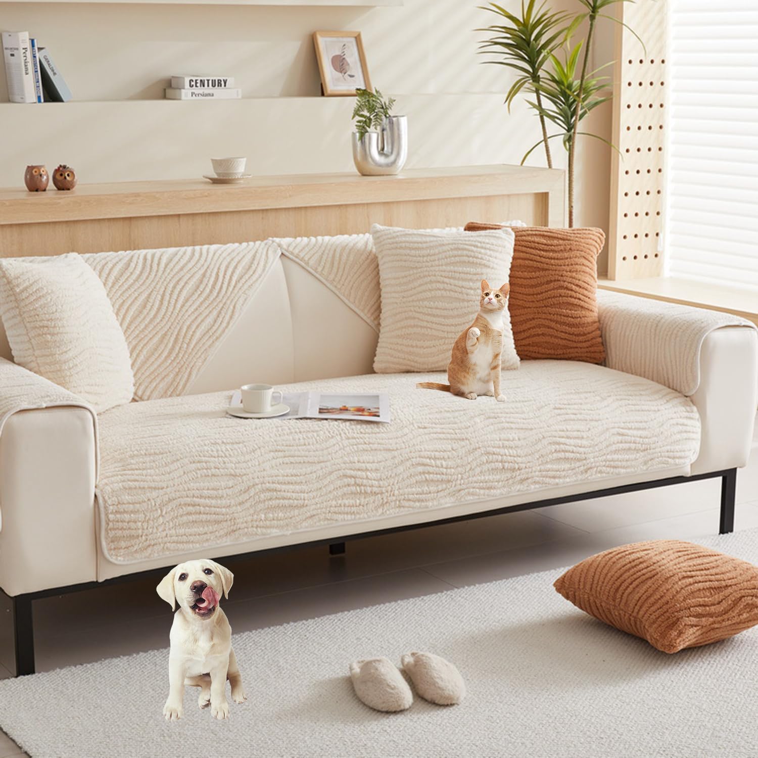 Housse de canapé en peluche anti-griffe pour grand canapé beige