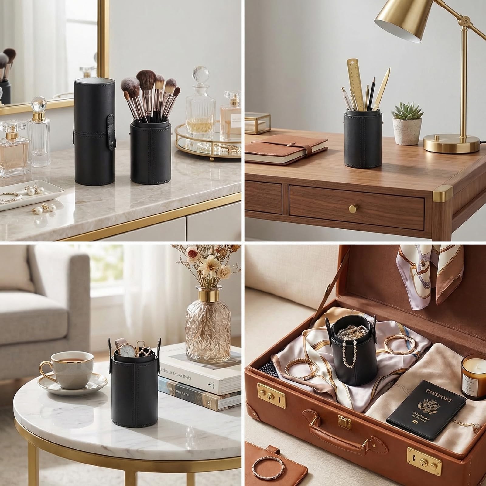 Porte-pinceaux de Maquillage Vide en Cuir synthétique avec Couvercle Noir Étui de Rangement pour pinceaux de Maquillage en Cuir synthétique