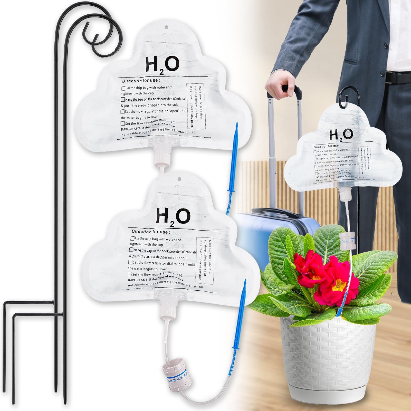 2Pcs 500ml Indoor Large Capacity Plant Drip Bag - Flow Adjustable Self Watering Planter Insert Set with Metal Support Rods for Longer Vacation
