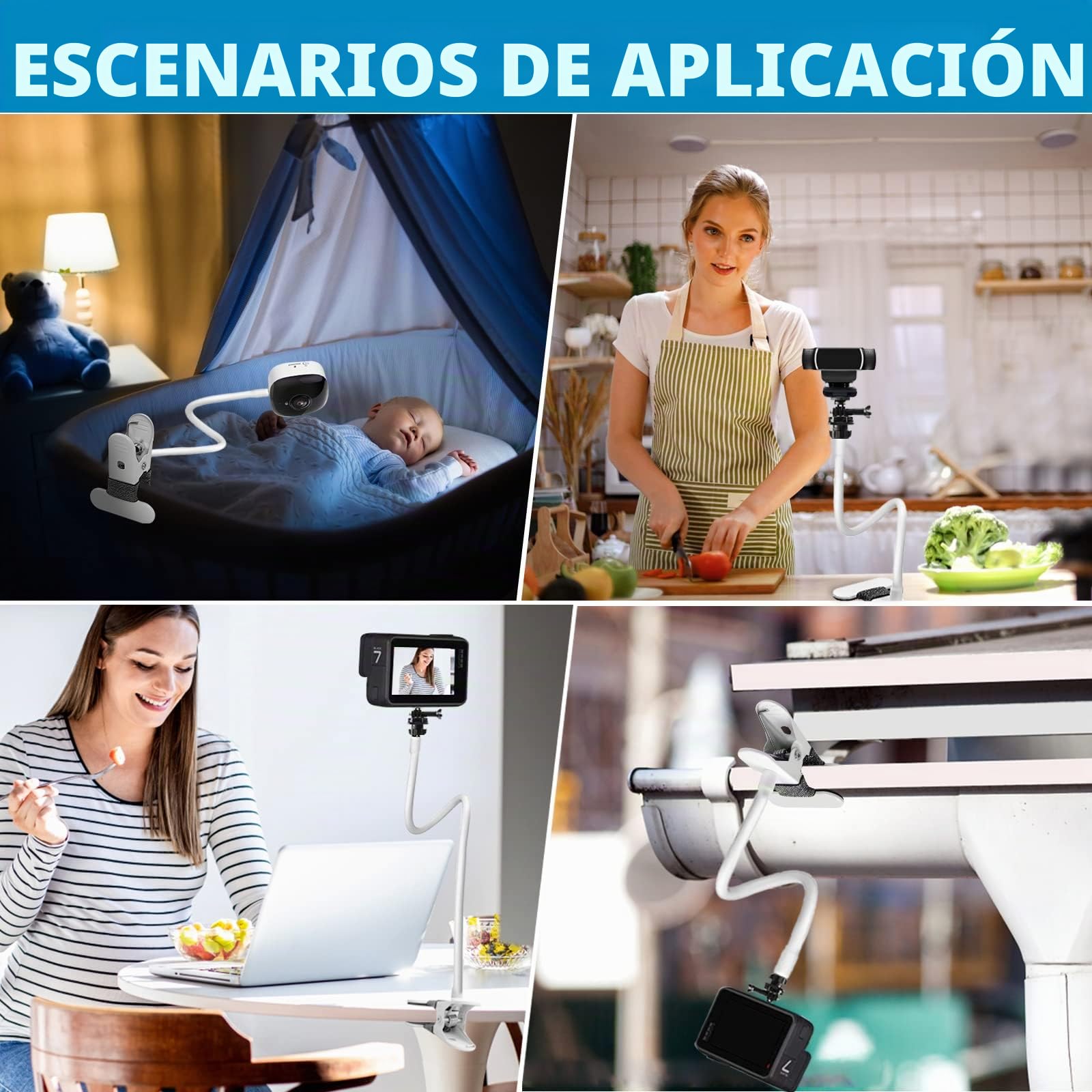 Hossom Soporte Flexible para Cámara y Webcam con Conexión Roscada 1/4", 2 Adaptadores 3/8" - para Logitech C925e C922x C922 C930e C930 C920 C615, GoPro Hero10/9/8/7/6/5, Hero MAX (Blanco, 40cm)