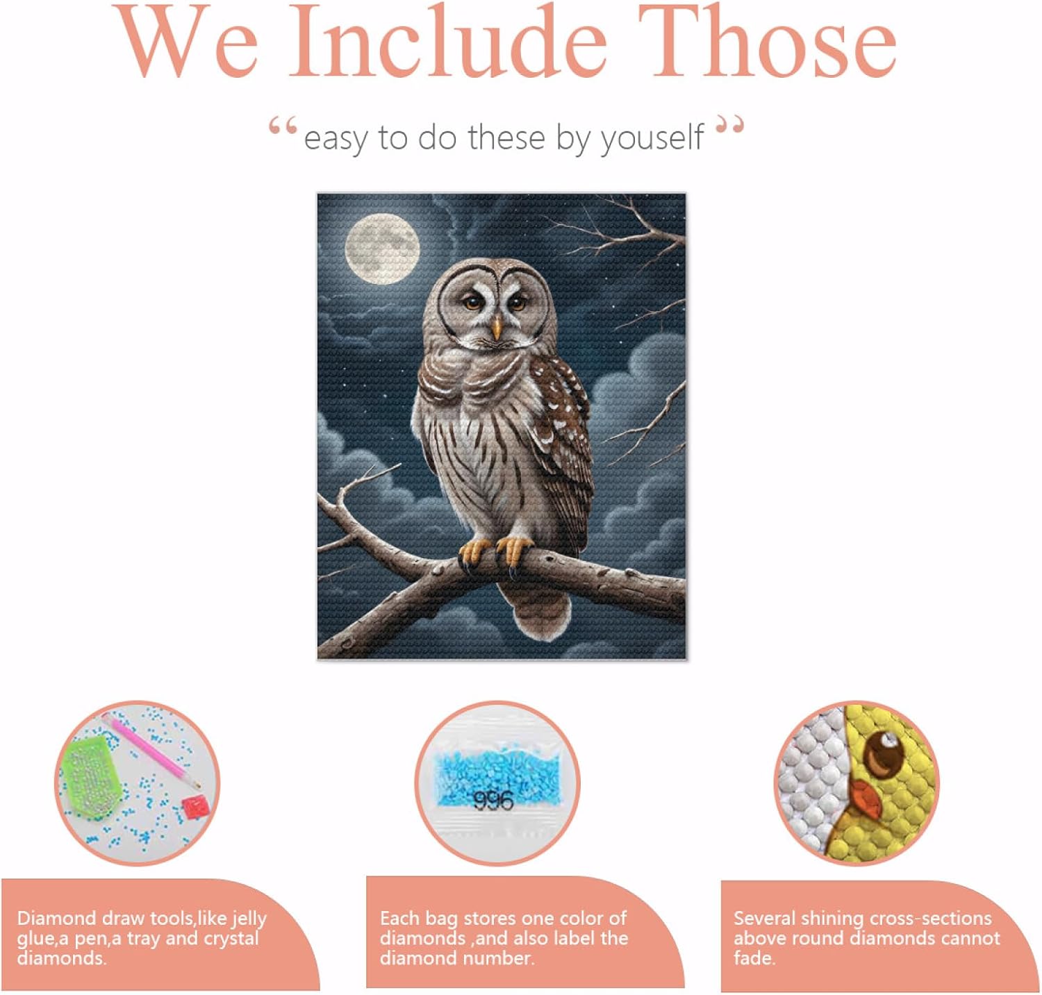 Barred Owl DIY Diamond Painting Kits for Adults Beginner, Bird 5D Diamond Art Animal, Round Full Drill Crystal Diamond Arts for Home Wall Decoration Gift (Owl), 16x20 Inch