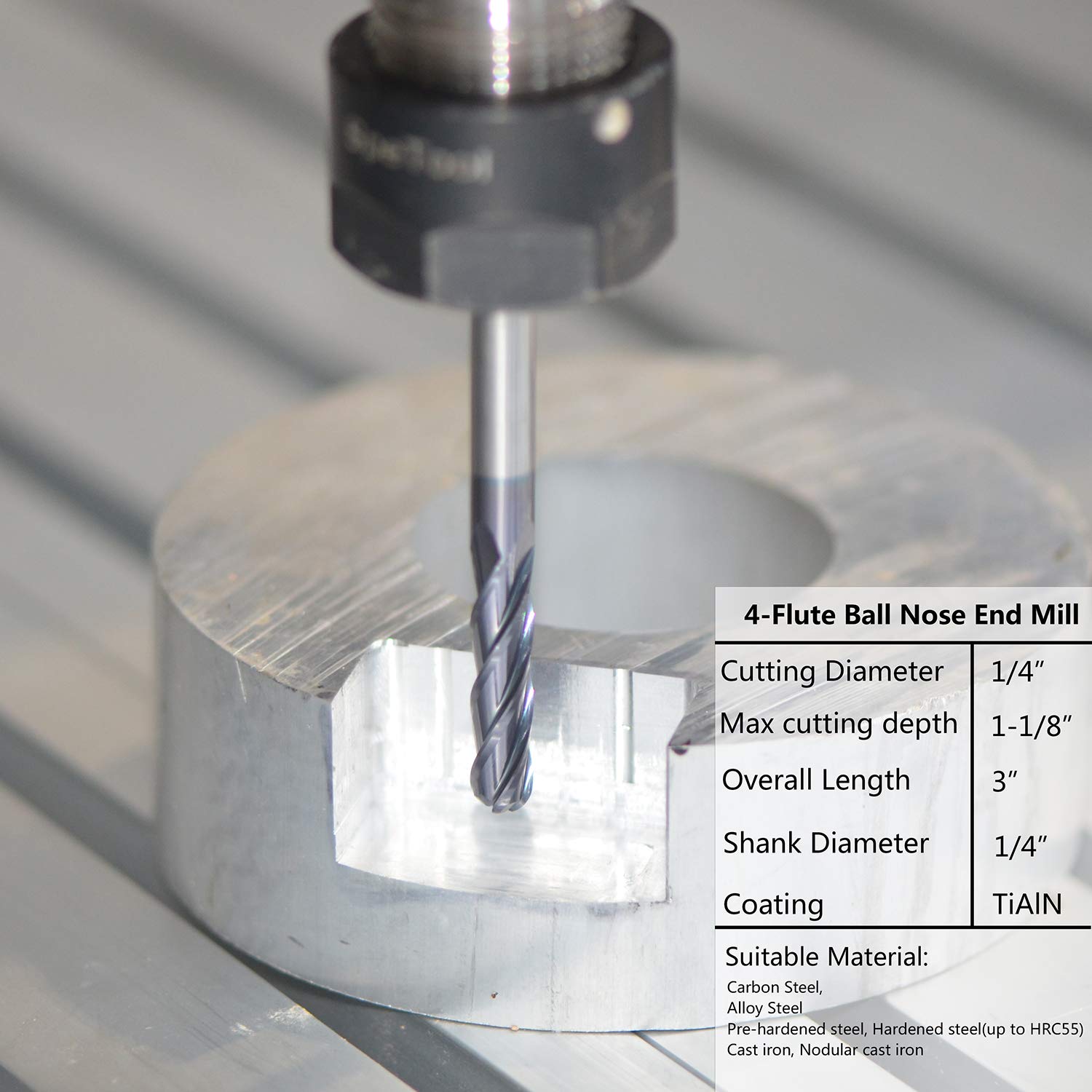 SpeTool 4 Flutes Ball Nose End Mill Solid Carbide CNC Router Bits 1/4 Inch Shank with 3 Inch Long Spiral Milling Tool: Tools & Home Improvement