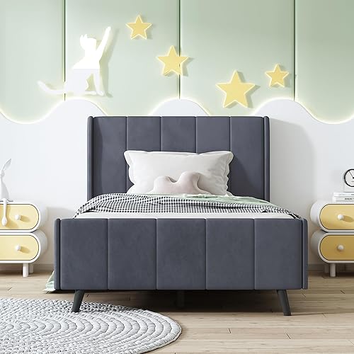 Miniatura 3 de Harper & Bright Designs Base de cama tapizada de tamaño individual para niños, cama moderna de plataforma de terciopelo con cabecero, marco de cama