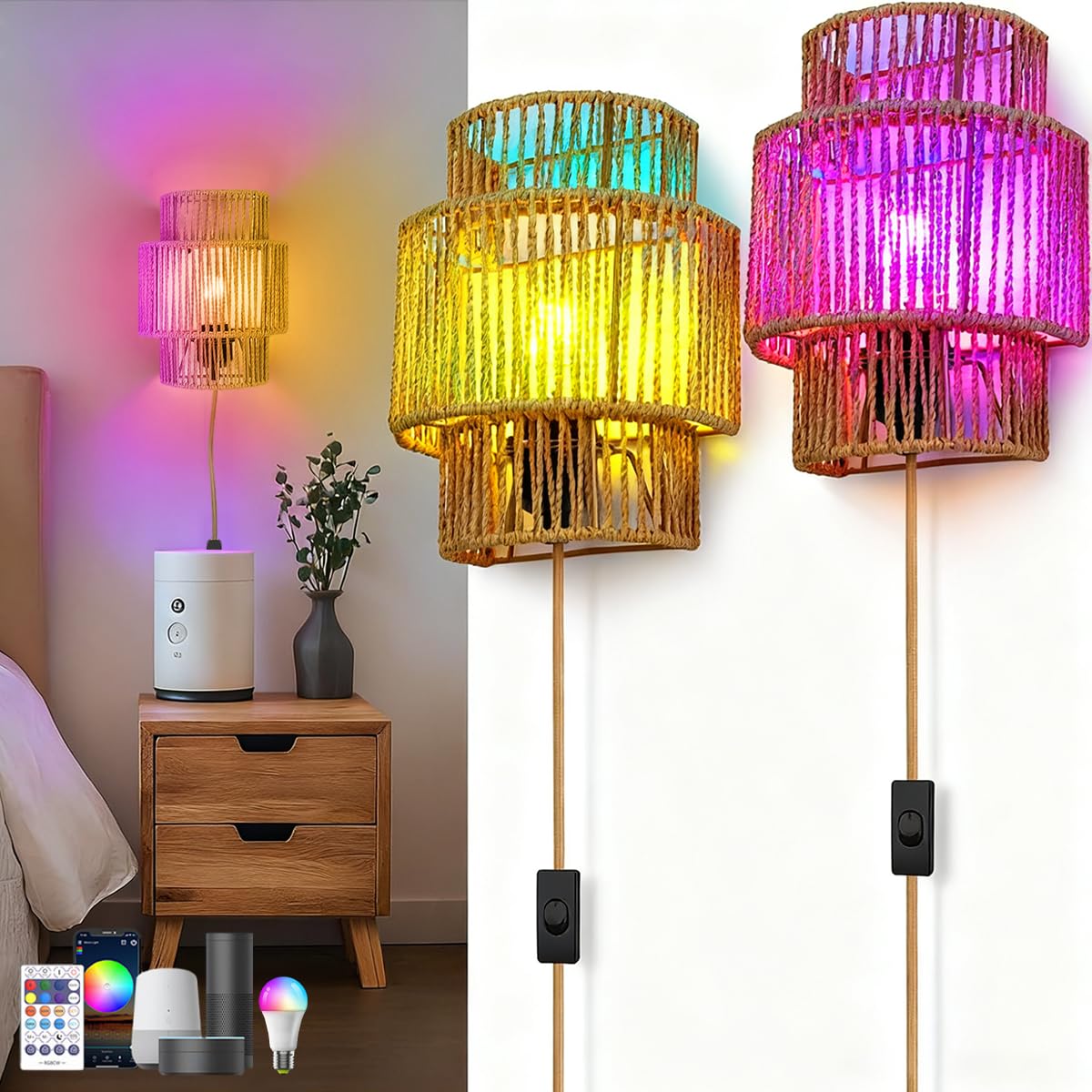 KZT Smarte RGB Wandleuchte Dimmbare mit 16 Millionen Farben Boho Rattan Wandlampe, Kompatibel mit Alexa & Google Assistant, Musik Sync, Wandbeleuchtung mit Fernbedienung, für Schlafzimmer (2 Stück)