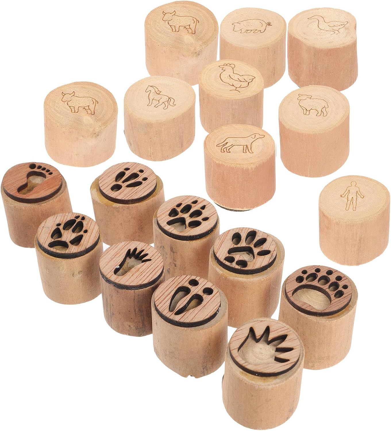 TOYANDONA 2 Sets Wooden Animal Track Stamps: 18pcs Farm & Forest Paw Print Stamps Animal Footprints Wood Stampers for Crafting, Scrapbooking, Card Making, Garden Decor & Kids DIY Craft Supplies