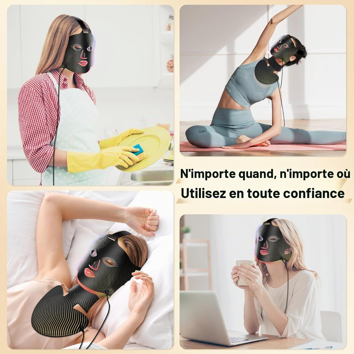 Masque de luminothérapie LED pour le visage et le cou, 4 modes, masque facial infrarouge avec thérapie à la lumière rouge, masque lumineux LED en silicone, anti-âge pour tous les types de peau