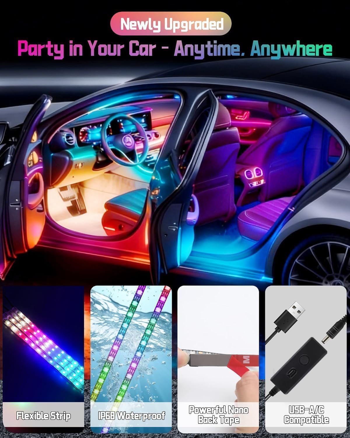 72 LED USB Interior Strip Lights Dream Color RGB-IC 12V DC with App RF Remote Control Multicolor Footwell Under Dash Chasing Inside Light Kits 4 Lines Music Sync Mode for Cars Truck ATV UTV