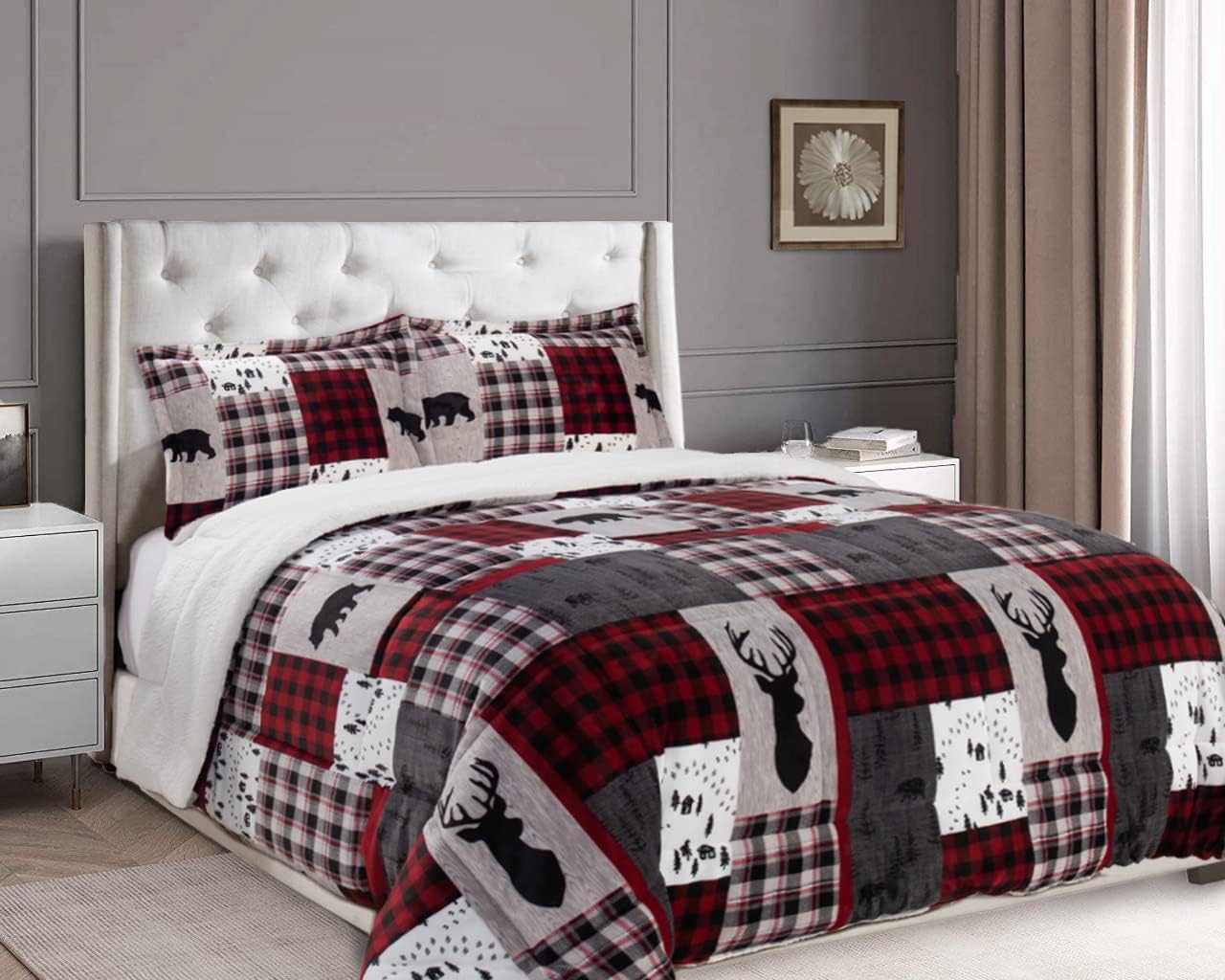 3-Piece Winter Lodge-Patch Sherpa Comforter Soft, Cozy and Durable Quality, Heavy Weight Reversible Down Alternative Micro-Suede, Patch Sherpa Comforter, King