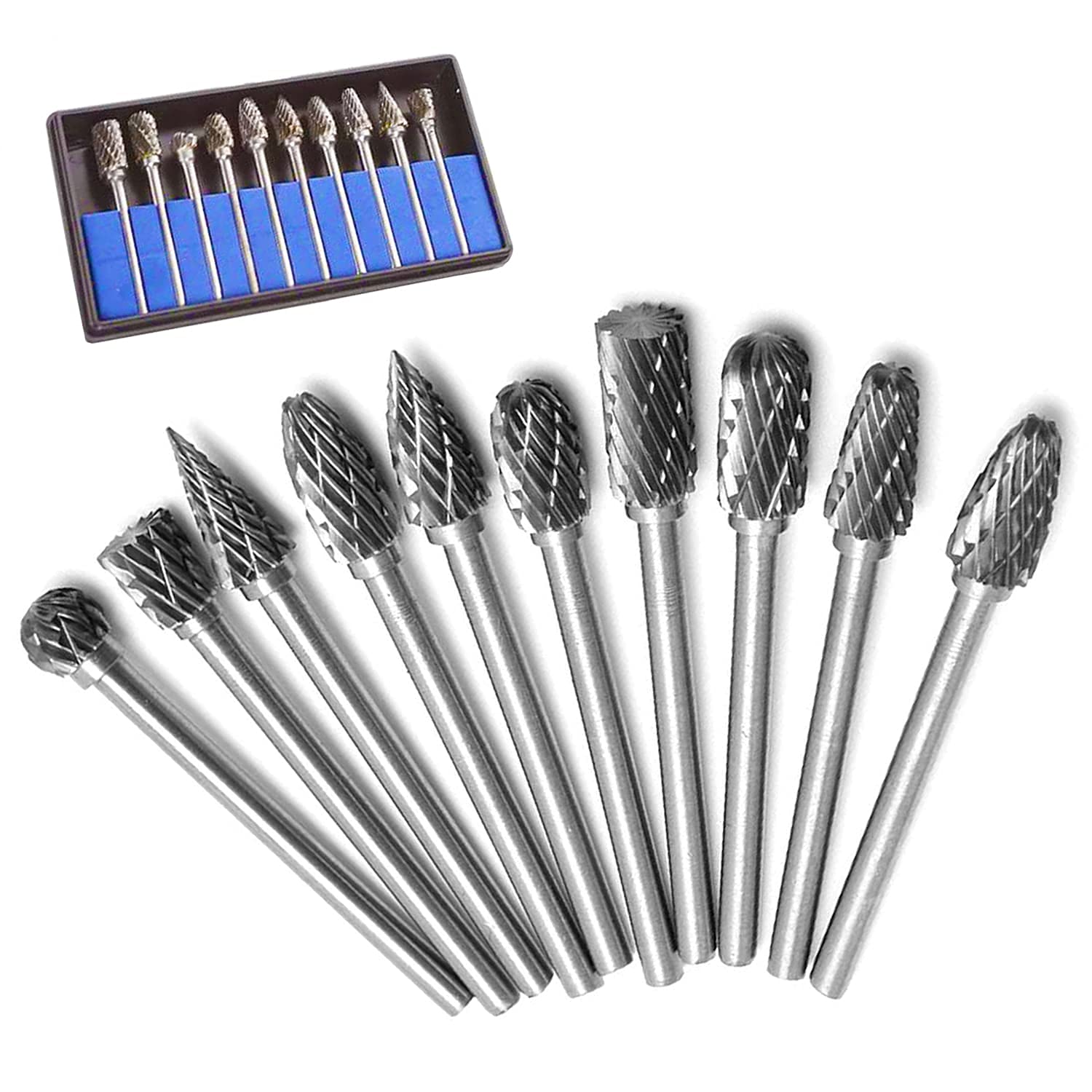 Rotary Burr Set Carving Tool Tungsten Carbide Steel Drill Bit Grinding Head with 1/8" Shank for DIY Woodworking, Carving, Plastic Drilling, Metal Polishing, Engraving, 10 Pcs
