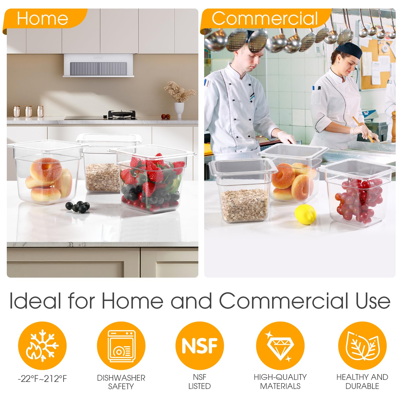 Paquete de 12 sartenes de plástico para alimentos con marcado de capacidad de 6 pulgadas de profundidad, sartenes comerciales transparentes de 1/6 sartén, contenedores de almacenamiento de