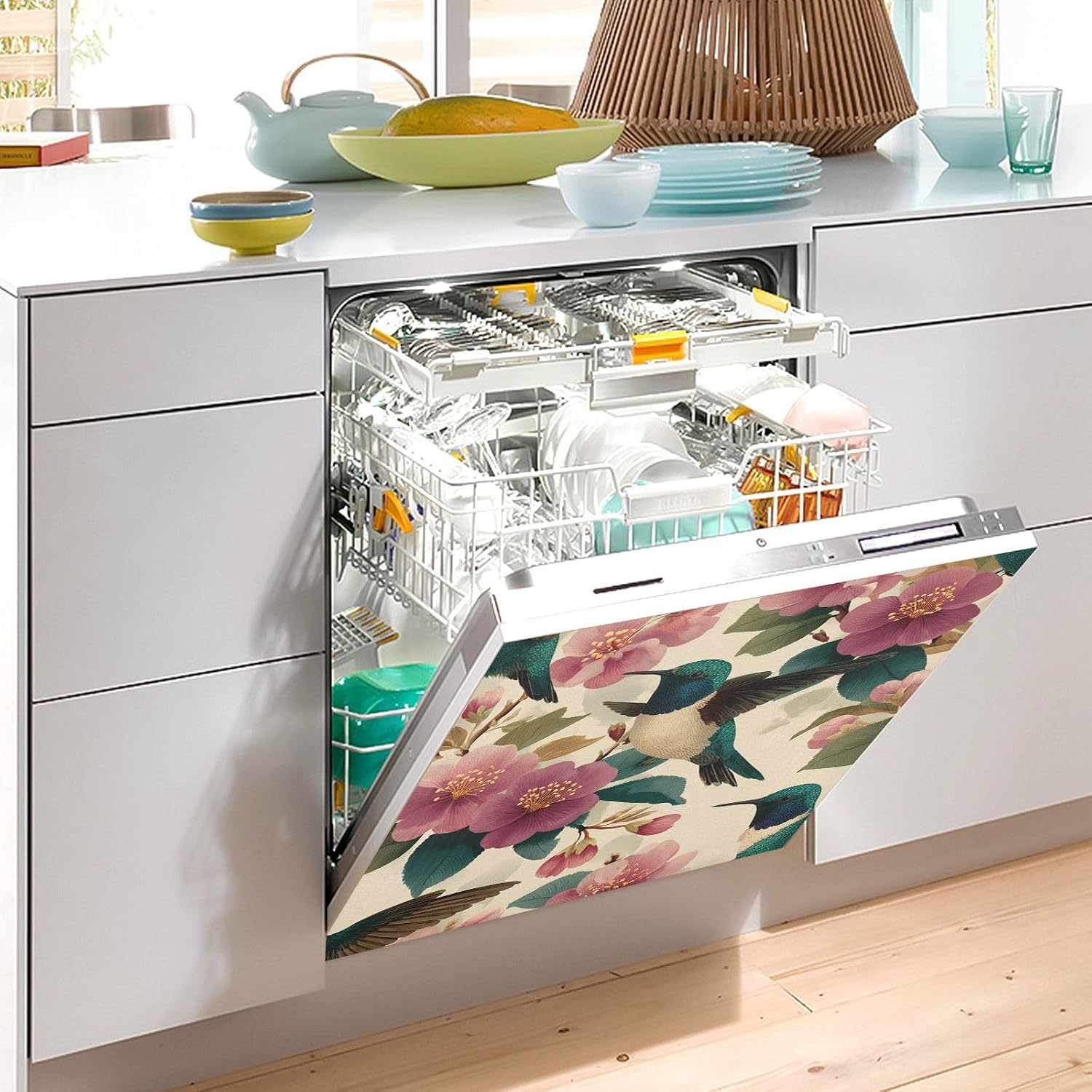 QUGRL Floral Hummingbird Spring Dishwasher Magnet Cover Front Door Decorative Refrigerator Covers Magnetic Sheet Sticker Wash Machine Fridge Panel Decal for Kitchen Appliance 23x26 in