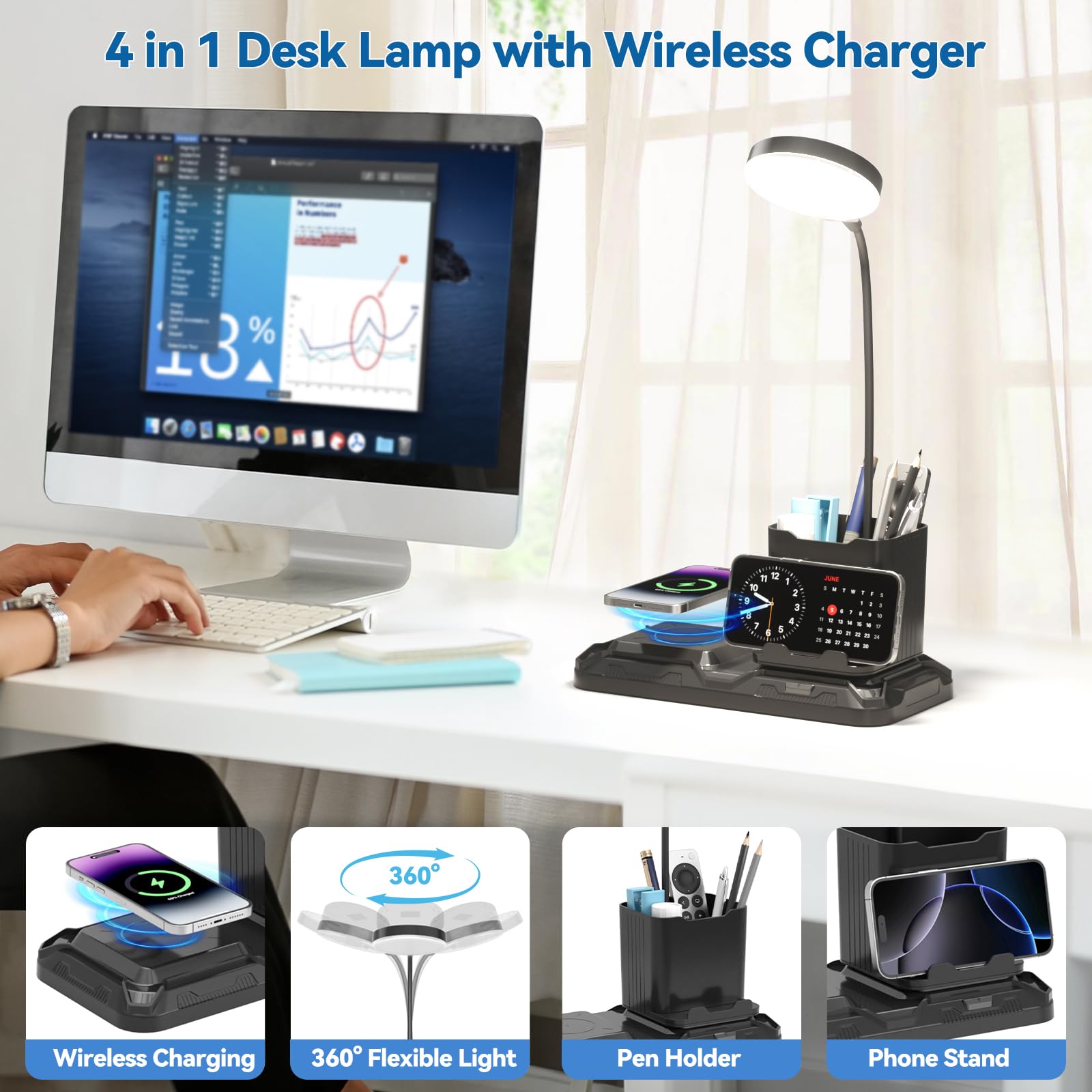 KDD Lampara Escritorio con Carga Inalámbrica, 4 en 1 Flexo LED Escritorio con 2 Modos 3 Niveles de Brillo Regulable, Plegable Lampara de Mesa con Cuello Cisne 360° para Cama Oficina Estudiar Luz Noche