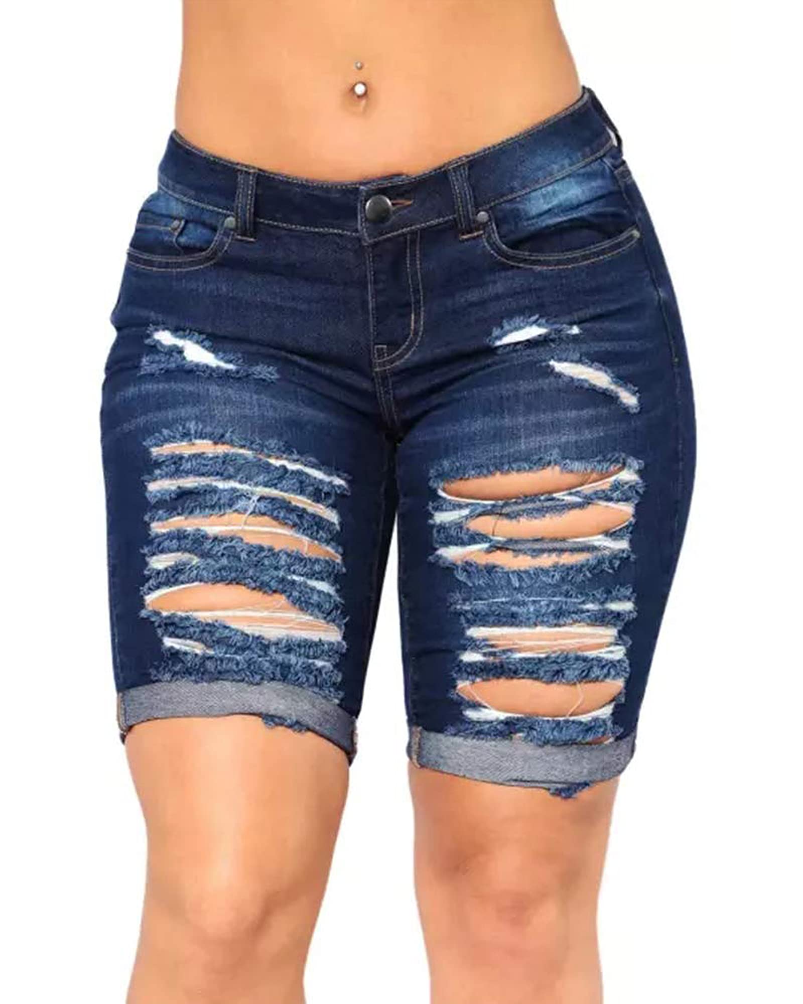 roswearWomen's Distressed Knee Length Ripped Stretchy Jean Shorts