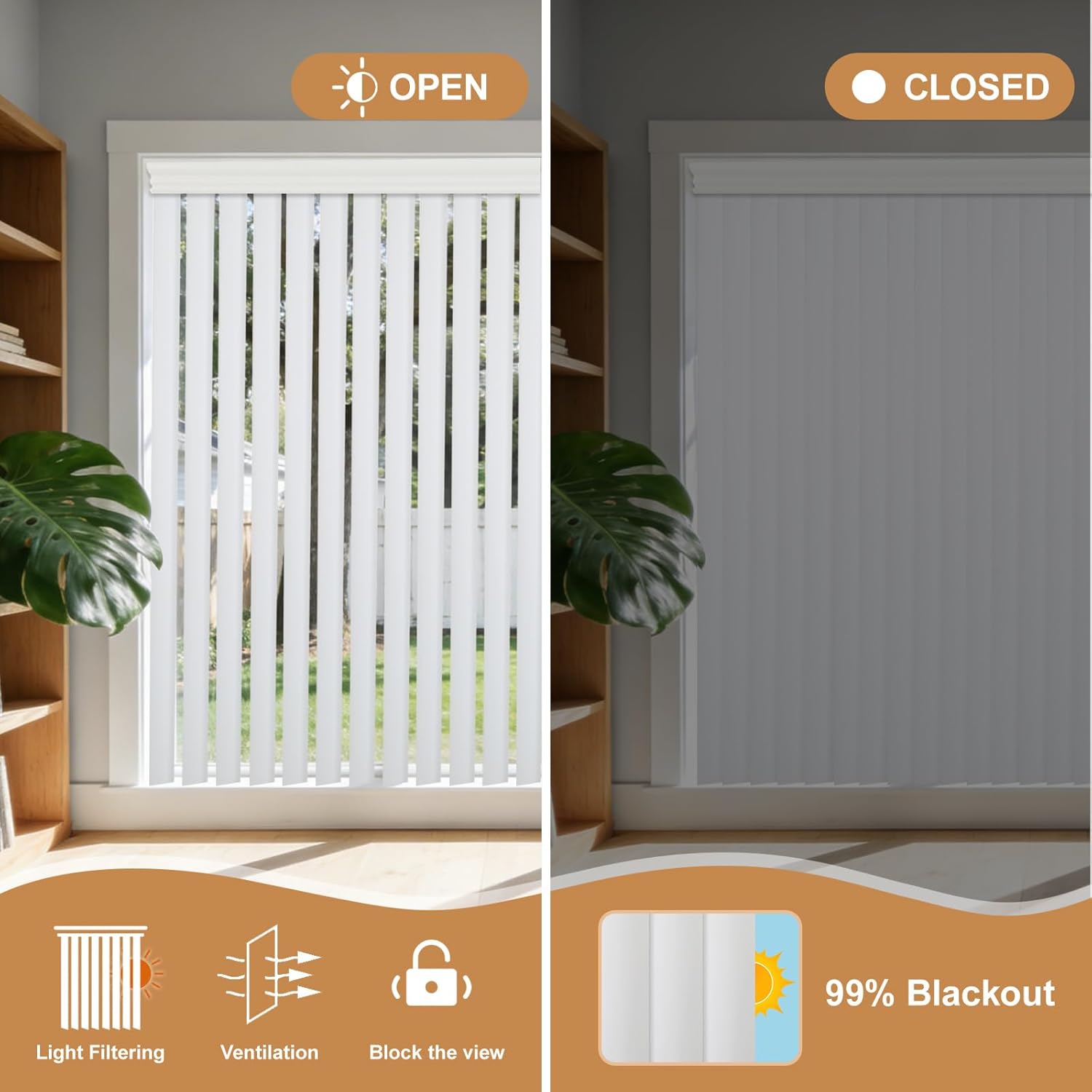 Cordless Vertical Blinds with Valance, 3.5" PVC Slats for Sliding Glass Doors & Large Windows, White Vertical Blinds, Room Darkening & Privacy Control