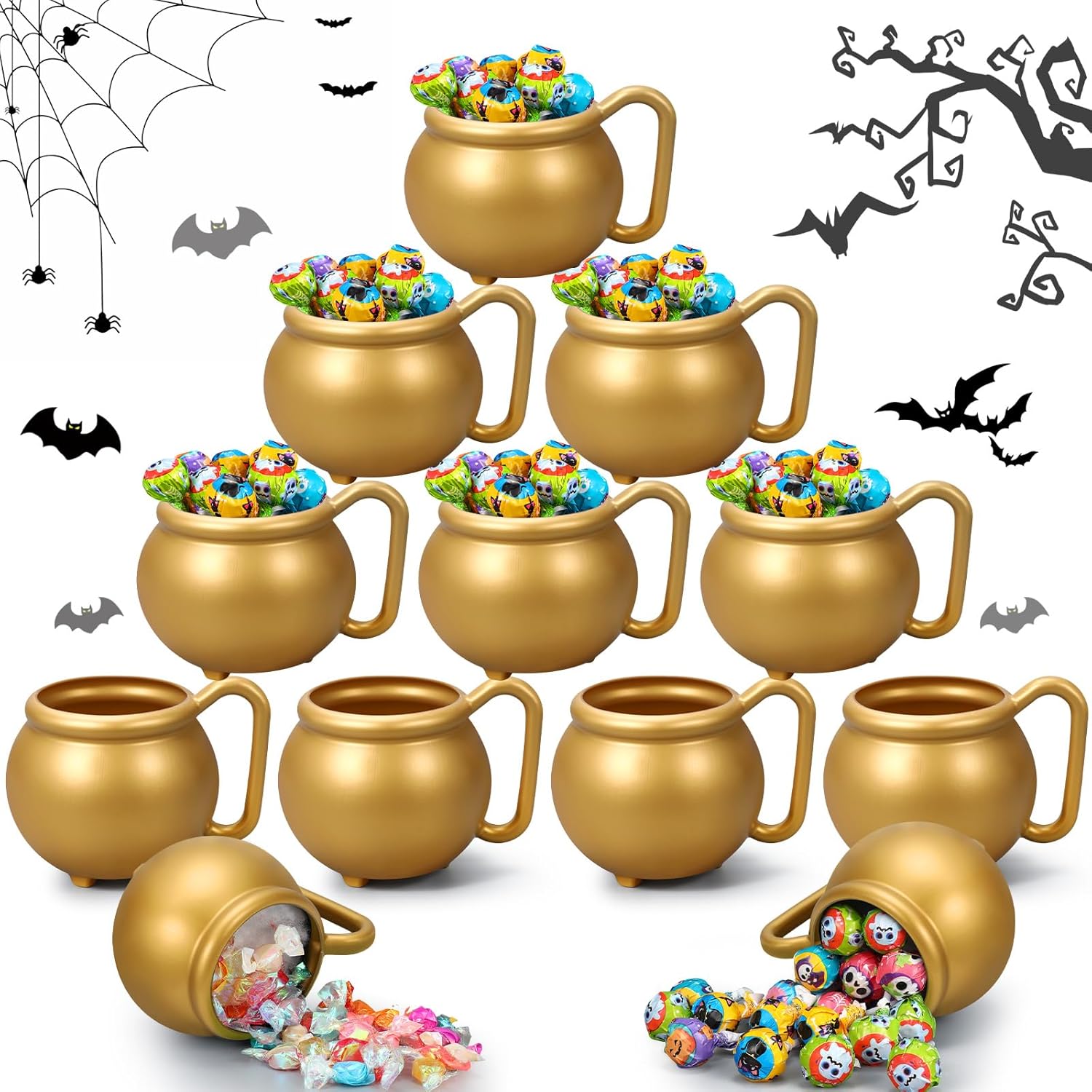 Uiifan 12 Pcs 15 oz Halloween Cauldron Plastic Witches Brew Cauldron Pot Halloween Cauldron Candy Bowl for Halloween Party Decorations(Gold)