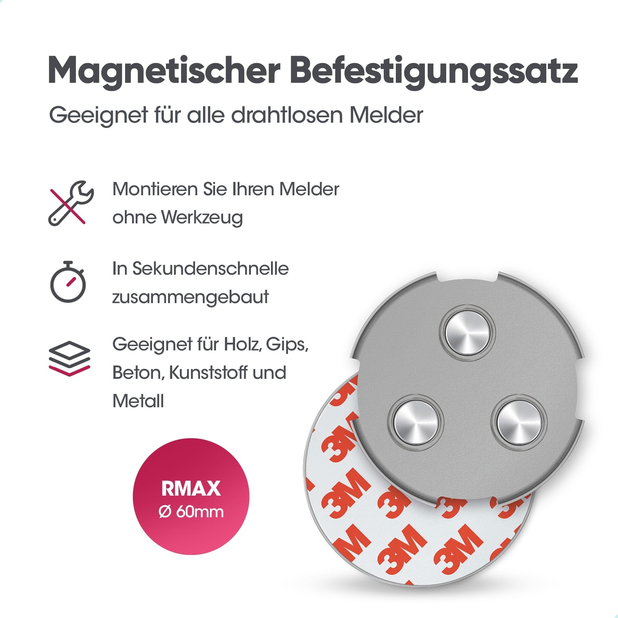 SAVS RMAX-60 Magnethalterung Rauchmelder Magnethalter 60mm - 10 Stück Set - Magnetbefestigung für Feuermelder - Brandmelder Magnetplatten Halterung - Magnet Befestigung Selbstklebend mit Klebepads